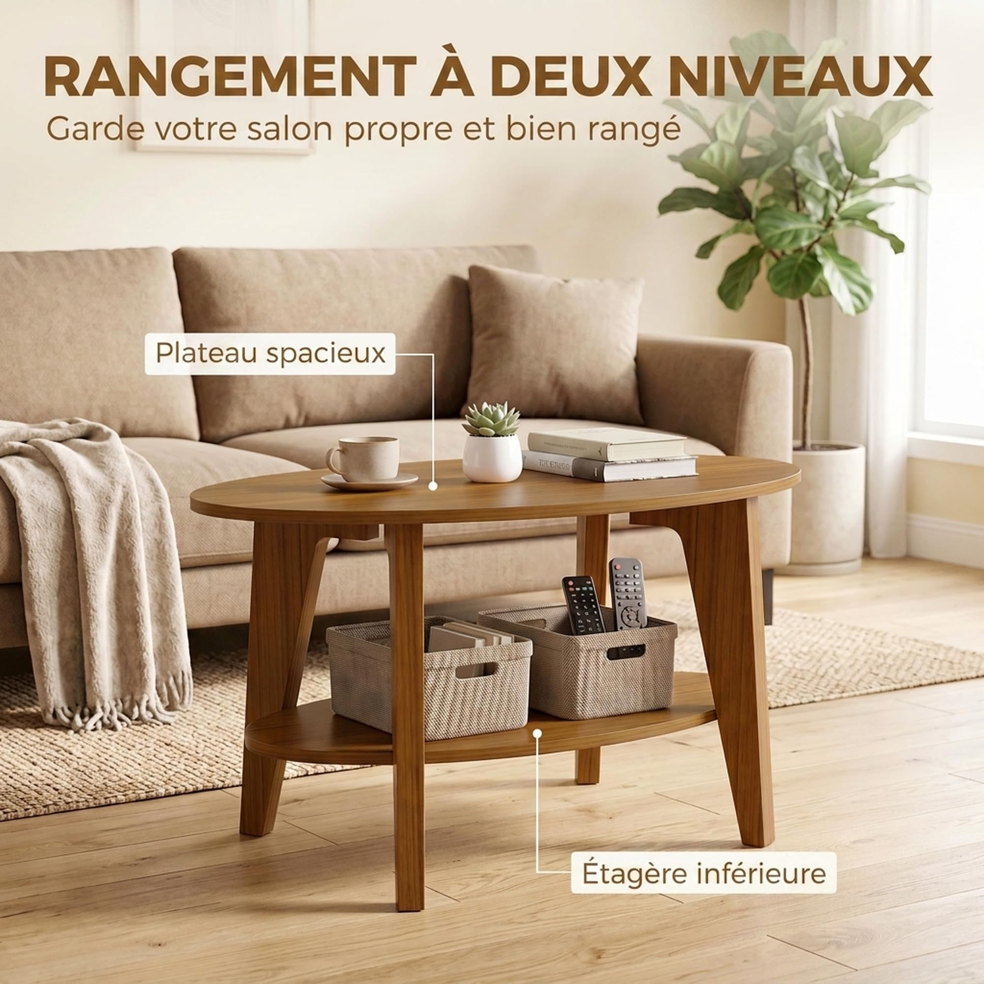 HOMCOM Table Basse Ovale à 2 Niveaux Étagère Ouverte 80x50x45 cm Chêne