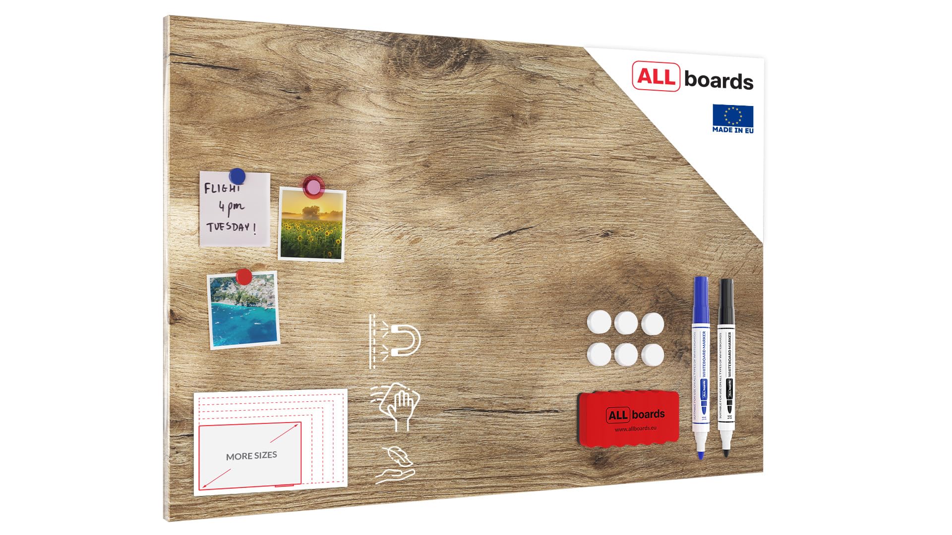 ALLboards Tableau Magnétique en Métal Motif Bois 90x60cm, MetalBoards pour tout type d'Aimants