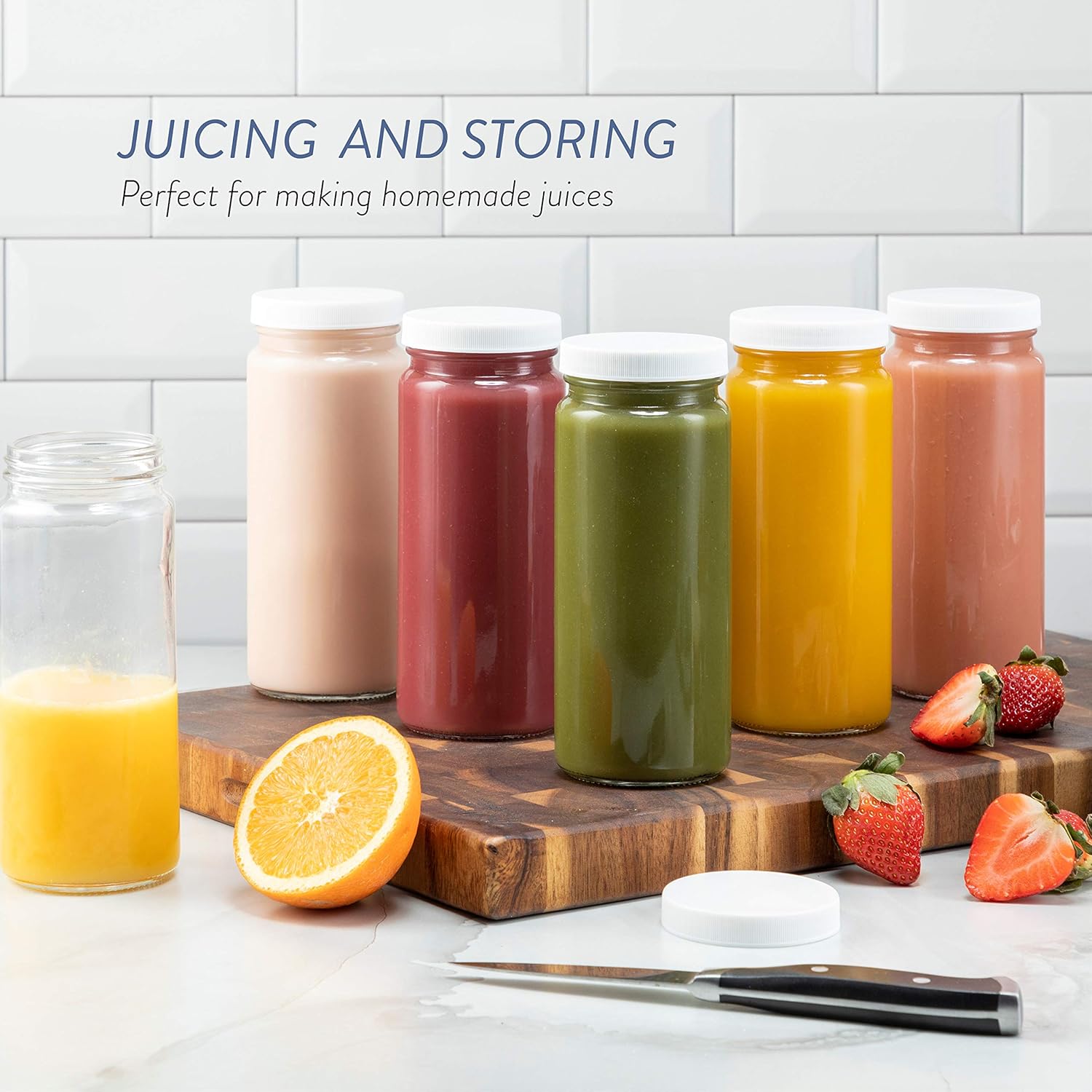 New Arrivals Travel Glass Drinking Bottle 16 Ounce [6 Pack] Plastic Airtight Lids, Reusable Glass Water Bottle for Juicing, Smoothies, Kombucha, Tea, Milk Bottles, Homemade Beverages Bottle,