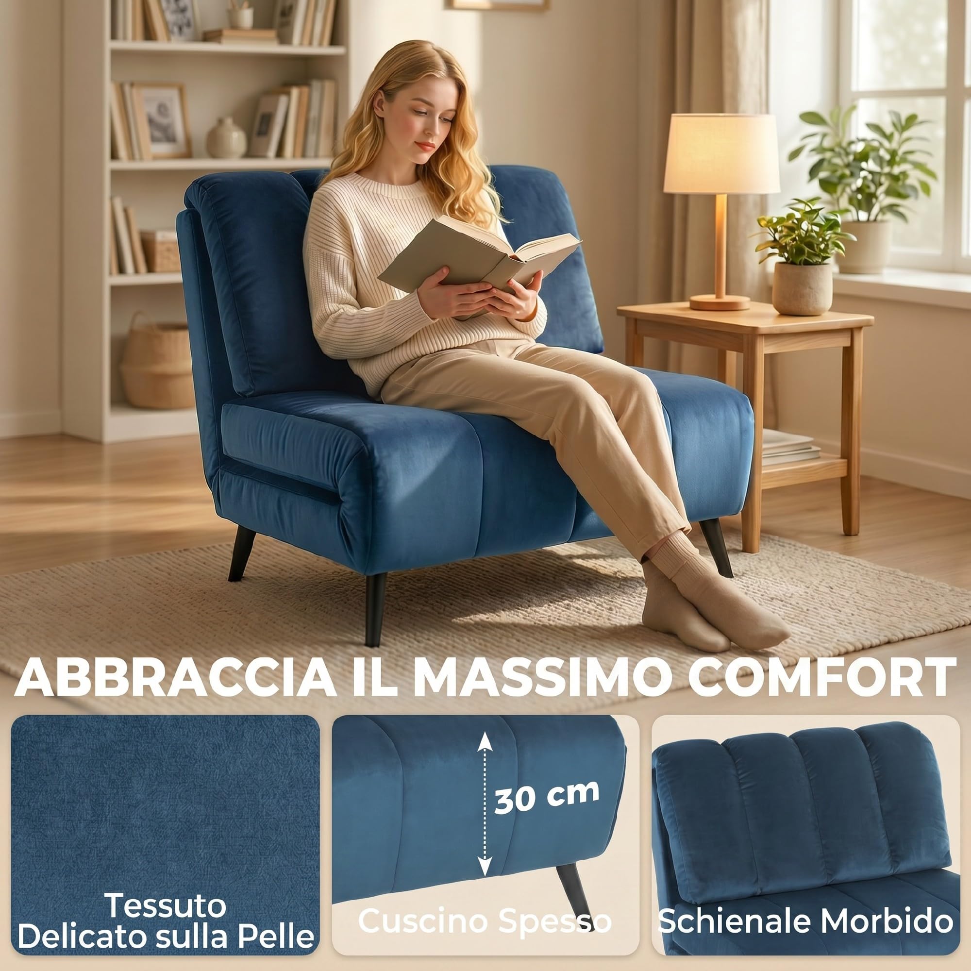 HOMCOM Poltrona Letto Singolo 3 in 1 Pieghevole Trasformabile, Schienale Regolabile 3 Posizioni, Cuscino Spesso, Divano Letto in Velluto, Soggiorno, Camera da Letto, Facile Montaggio, 88x92x88cm, Blu