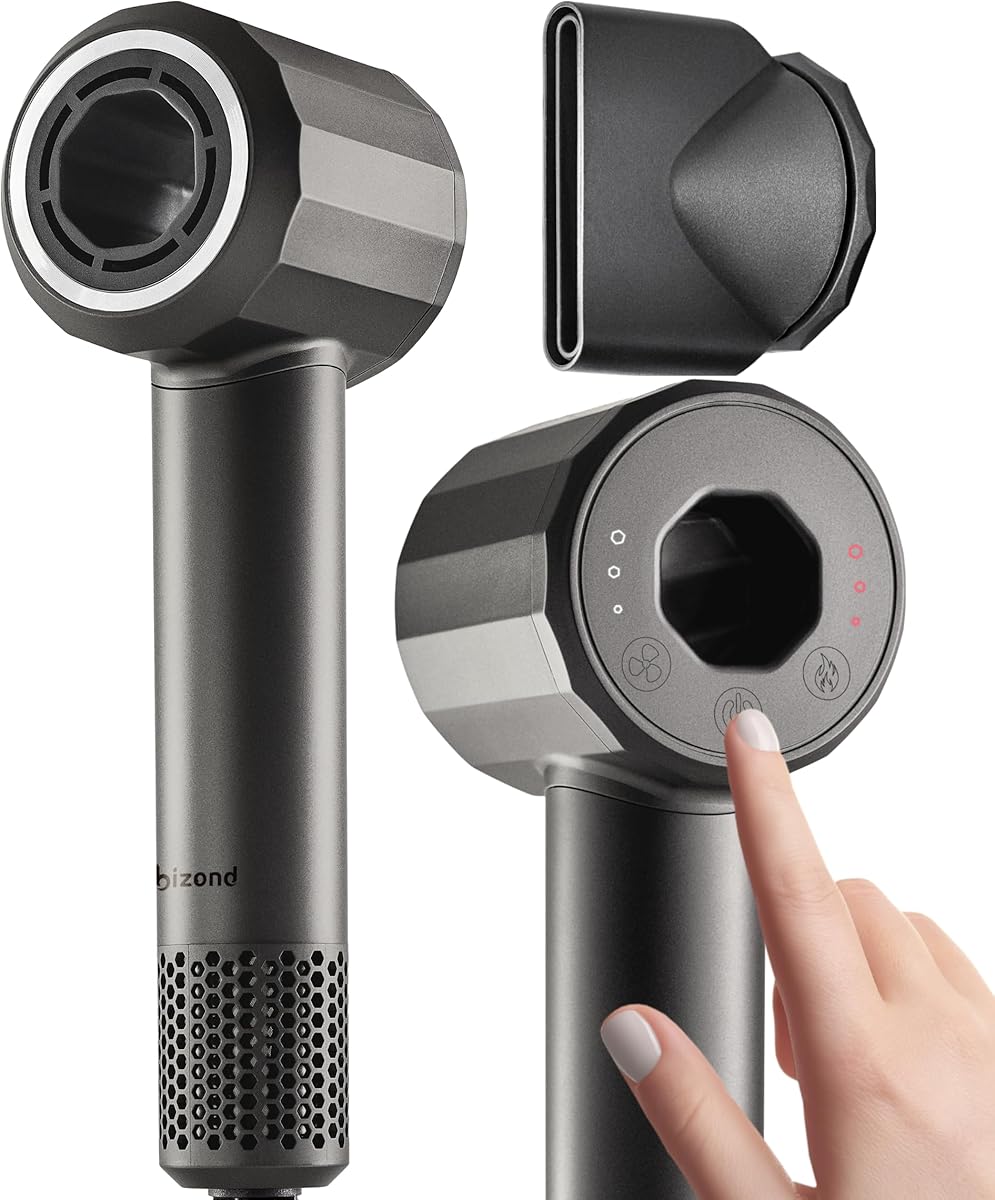 BIZOND Ionic Hair Dryer Premium Quality, High-Speed Professional Brushless Motor 110,000 RPM, 1600W Power, 9 ft Long Cord and Magnetic Nozzle, Lightweight Blow Dryer, Ultra Quiet Fast Drying (Gray)