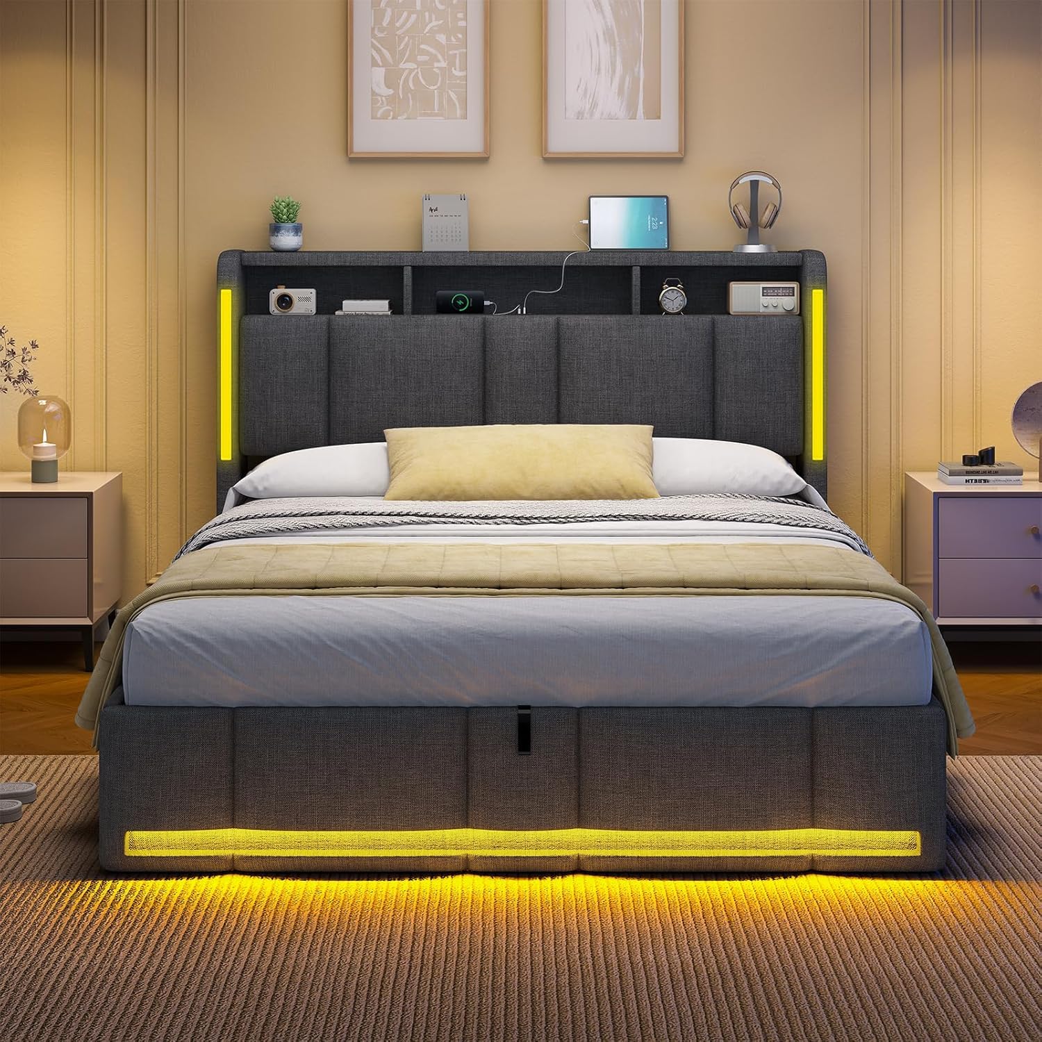 AOGLLATI Letto Matrimoniale Contenitore 140x190 cm con Sollevamento Idraulico, Letto Imbottito con Illuminazione a LED e Stazione di Ricarica, Struttura Letto con Testiera Imbottita, Grigio Scuro
