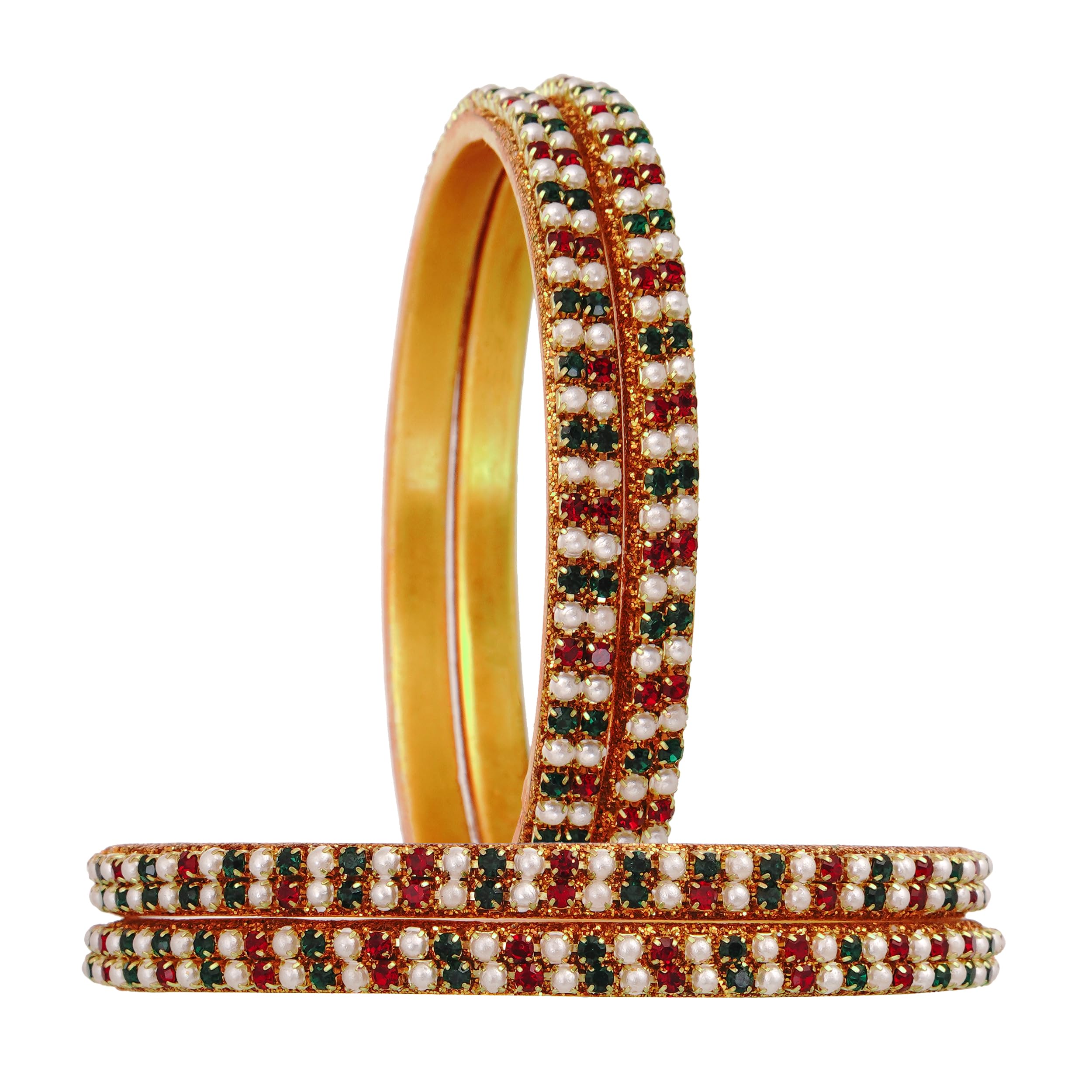 Traditional Red Green Stone Studded Pearl Bangles for Women – Set of 4-image-49