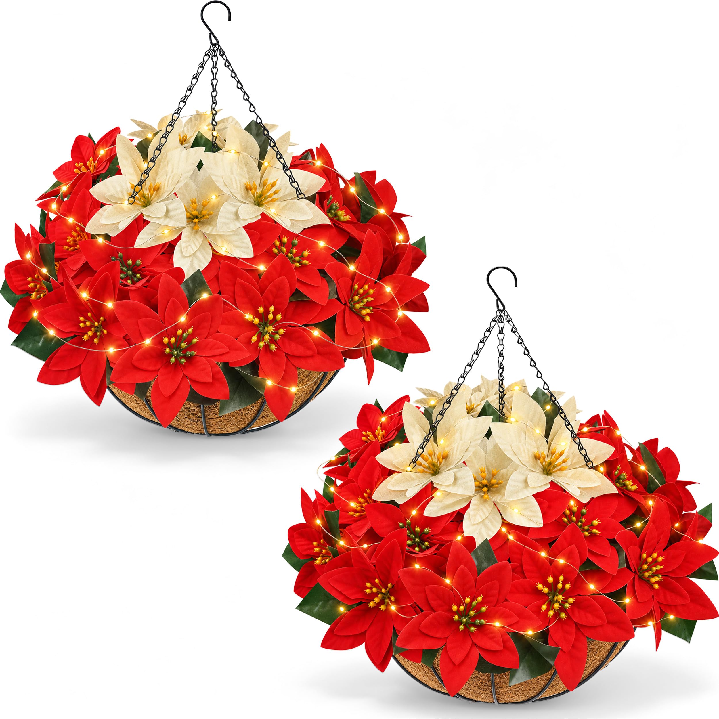 Der Rose 2 Pack Lighted Artificial Poinsettia Hanging Baskets, Red and Gold Faux Christmas Flowers for Porch Patio Balcony Holiday Decor
