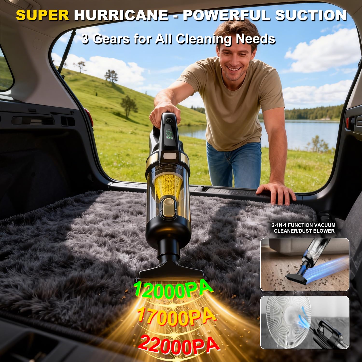 Aspirapolvere per Auto, Aslhuioo 6000mAh Aspirabriciole Senza Fili Potente Mini Aspirapolver Auto con Motore Brushless, 3 Velocità 22000PA Aspirapolvere Portatile per Casa, Ufficio, Auto, Capelli