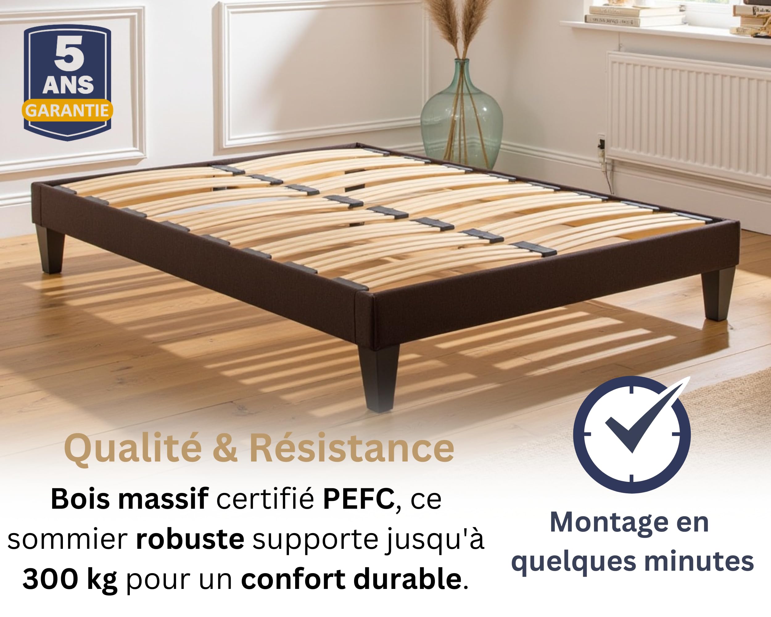 Maison Aubertin - Ensemble Matelas Sommier Hybride Concorde 160x200, Ép 56, 858 Ressorts Ensachés & Mémoire de Forme Haute Densité 60 kg/m³, Lit en Bois Massif, 2 Personnes, Ergonomique