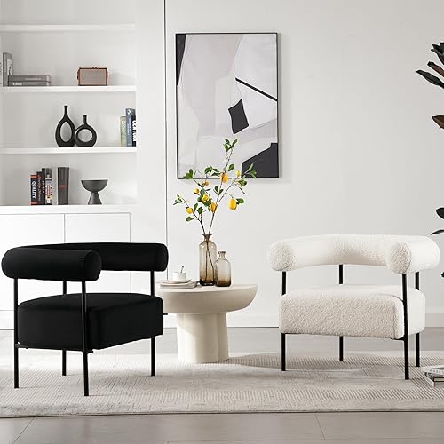 Miniatura 7 de Boucle - Silla decorativa moderna con respaldo curvo, pequeña silla de tocador para sala de estar, sillón de barril de sherpa cómodo blanco con