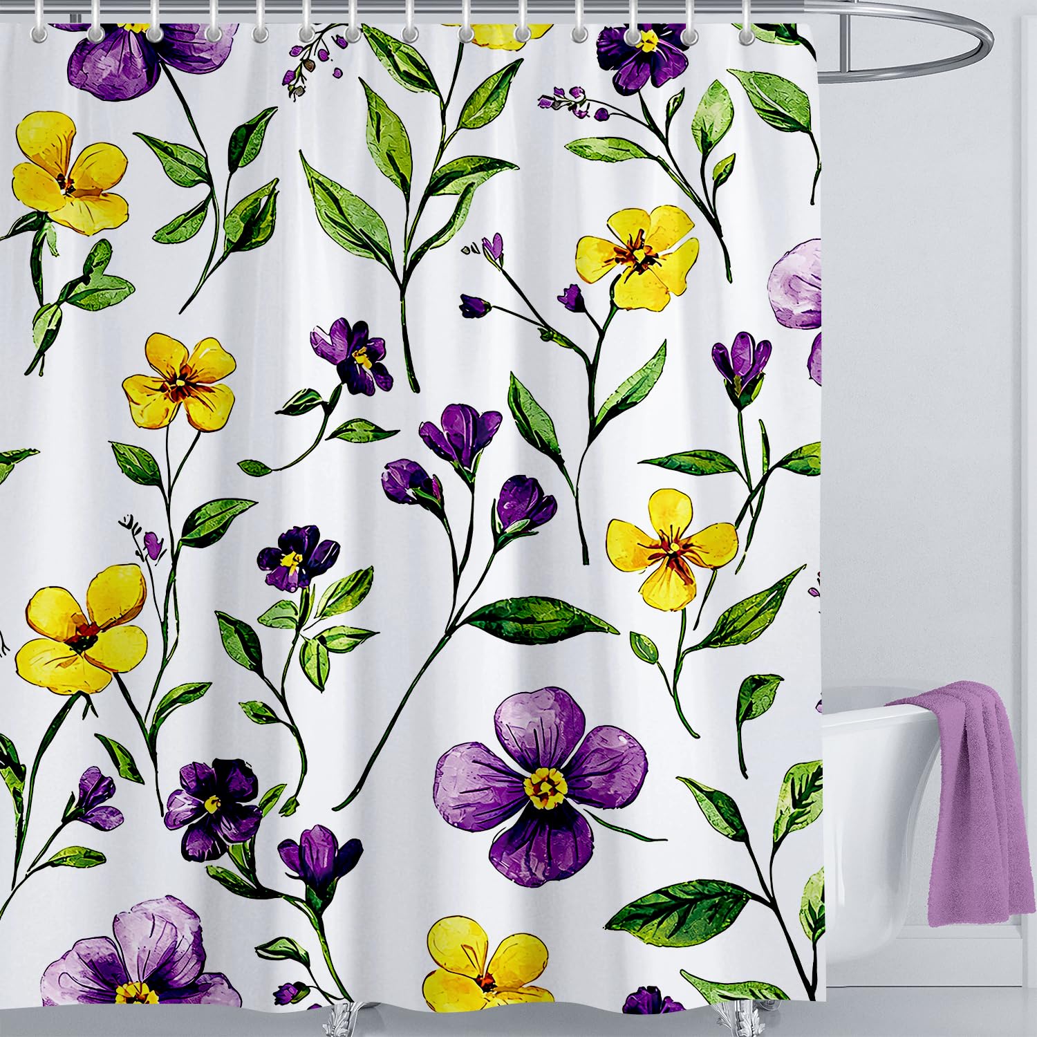 LIVETTY Shower Curtain Purple Floral Bathroom Curtain 180x180cm Anti-Mould Waterproof Polyester Fabric Bathtub Shower Curtains with 12 Hooks Washable Quick Dry