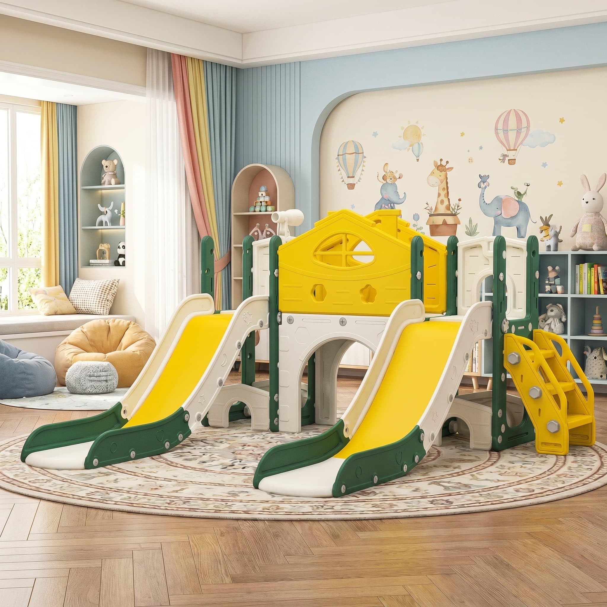7 in 1, große Rutsche für drinnen und draußen, für Kinder, Doppelspülung | Kletterrahmen für Garten, Teleskope, Tunnel, Stauraum, Innen- und Außen-Spielbereich