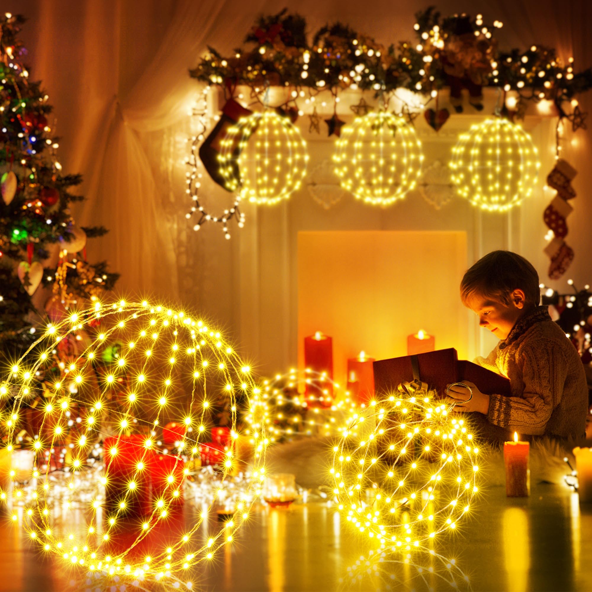 Joomer Weihnachtsbeleuchtung Außen Strombetrieben Groß 2 Stück Warmweiß | Hängende Kugel Lichter Timer 50cm 288 LED + 45cm 256 LED Weihnachtsdeko Innen 8 Modi Wasserdichte für Garten Party Wohnzimmer