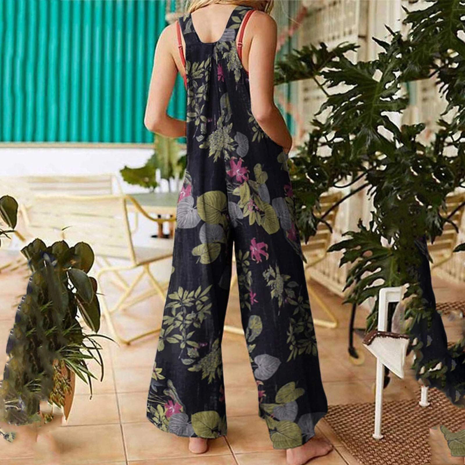 Carolilly Combinaison d'Été sans Manche pour Femme Pantalon Salopette Imprimée avec Poches Jumpsuit Chic et Élégant