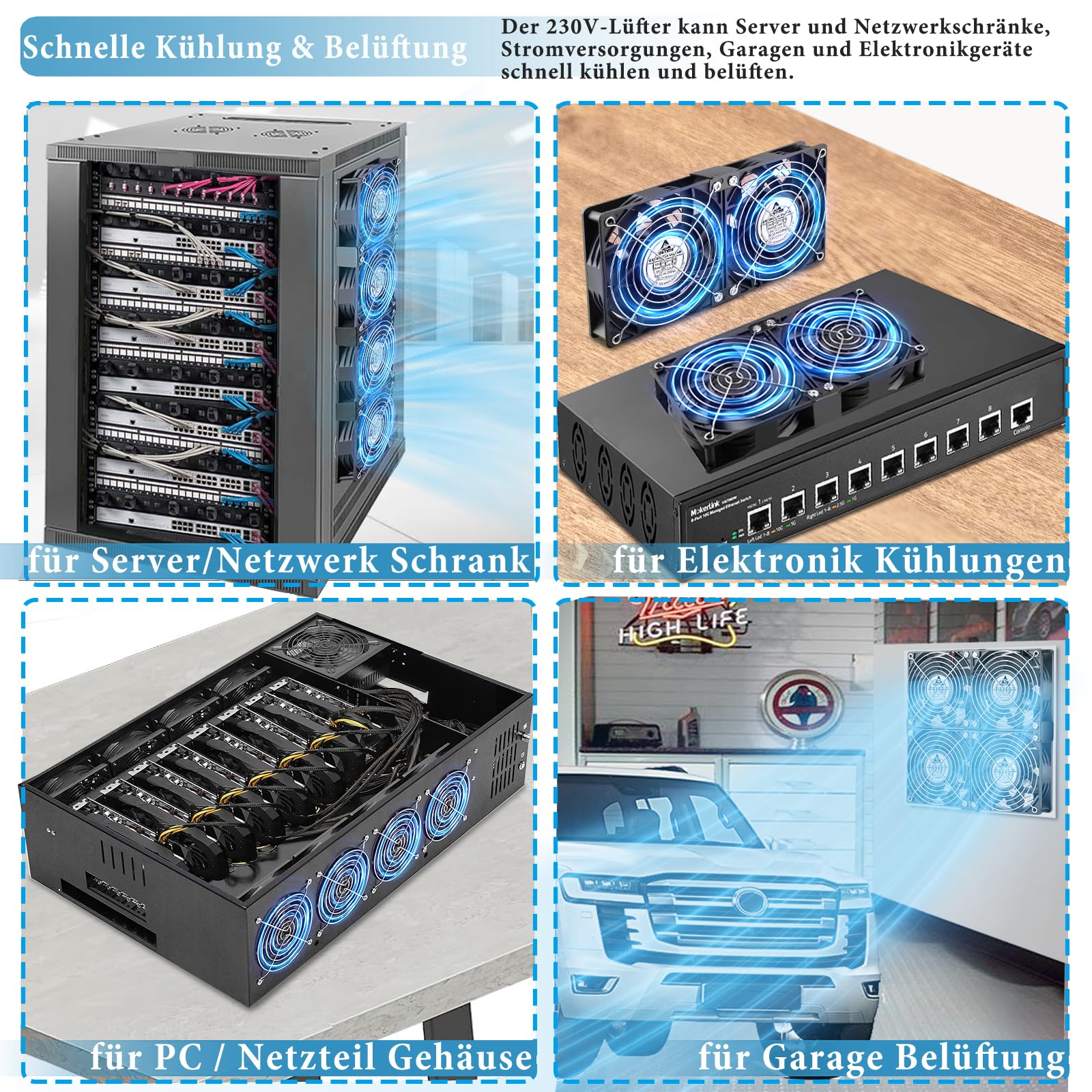 GDSTIME Lot de 4 ventilateurs de 120 mm - 230 V - Grand flux d'air - 120 mm x 38 mm - 220 V CA axial - Avec prise CA 4 V - 12 V - Vitesse réglable pour armoire de serveur et garage