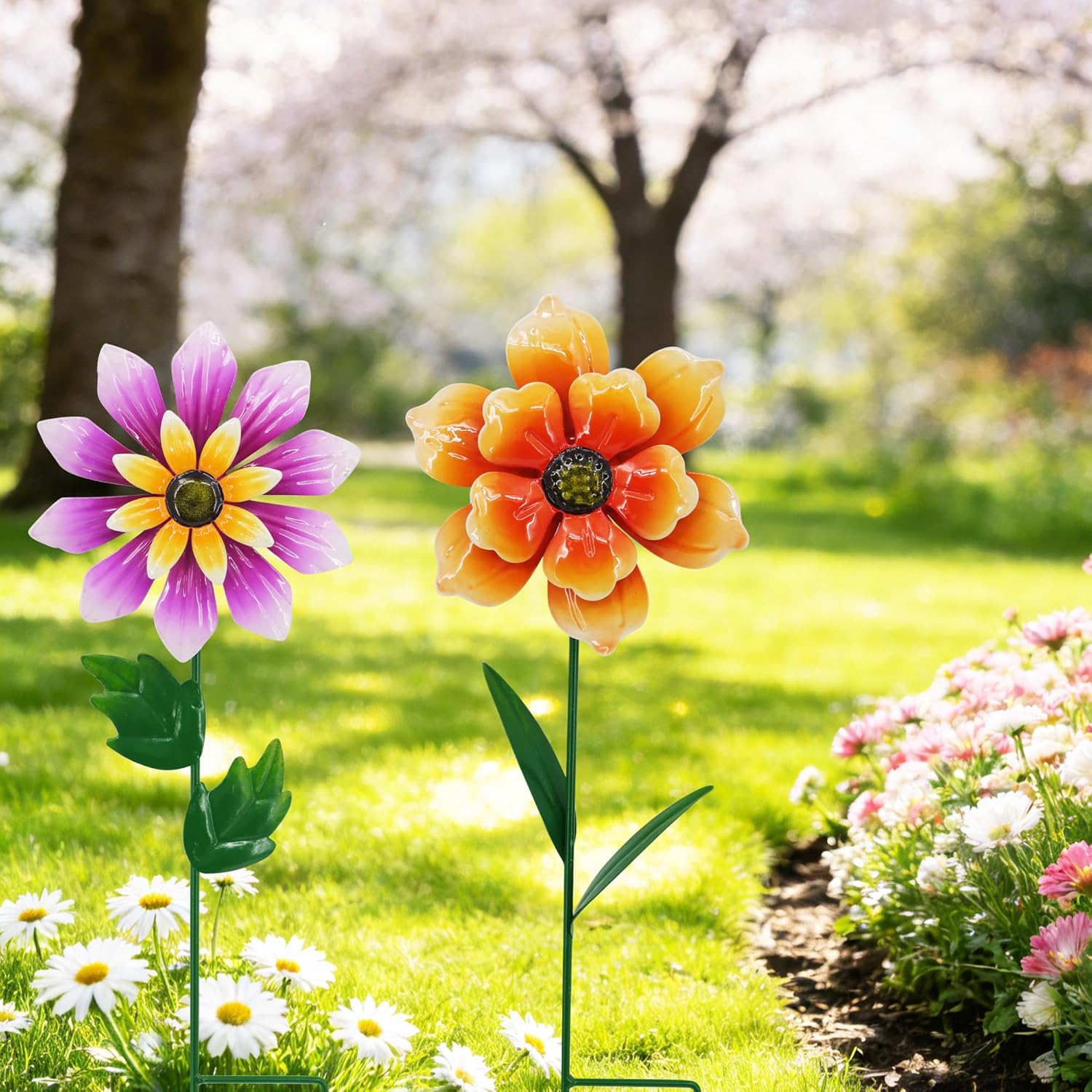 2 Pack Metal Flower Wind Spinners, Outdoor Garden Stakes with Stable H-Base, Kinetic 3D Floral Windmills for Yard, Lawn, and Pathway Decor (Orange & Purple)