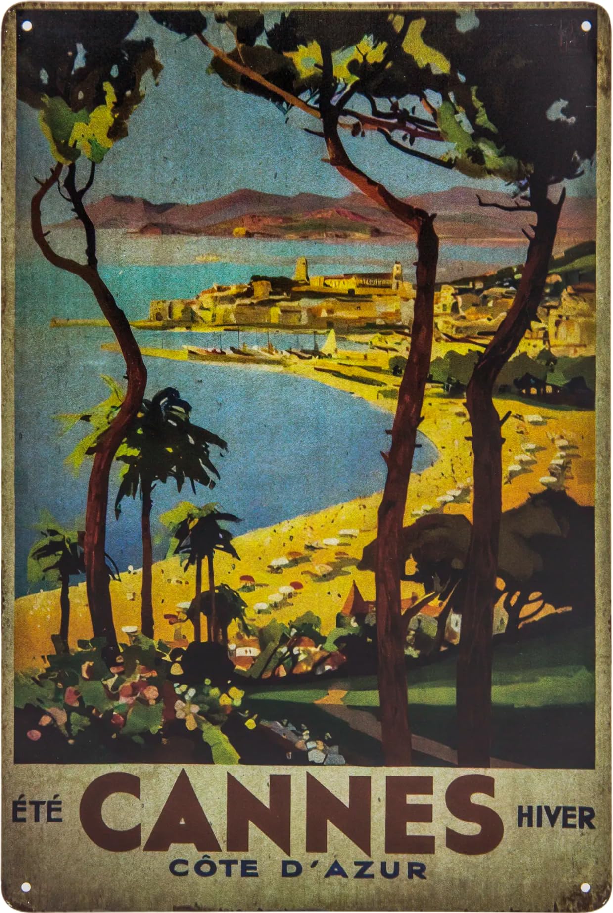Historical Retro Vintage Tin Sign with Souvenir Travel Motif, Holiday, Adventure, Holiday Decorative Sign, 30 x 20 cm (Cannes, France)
