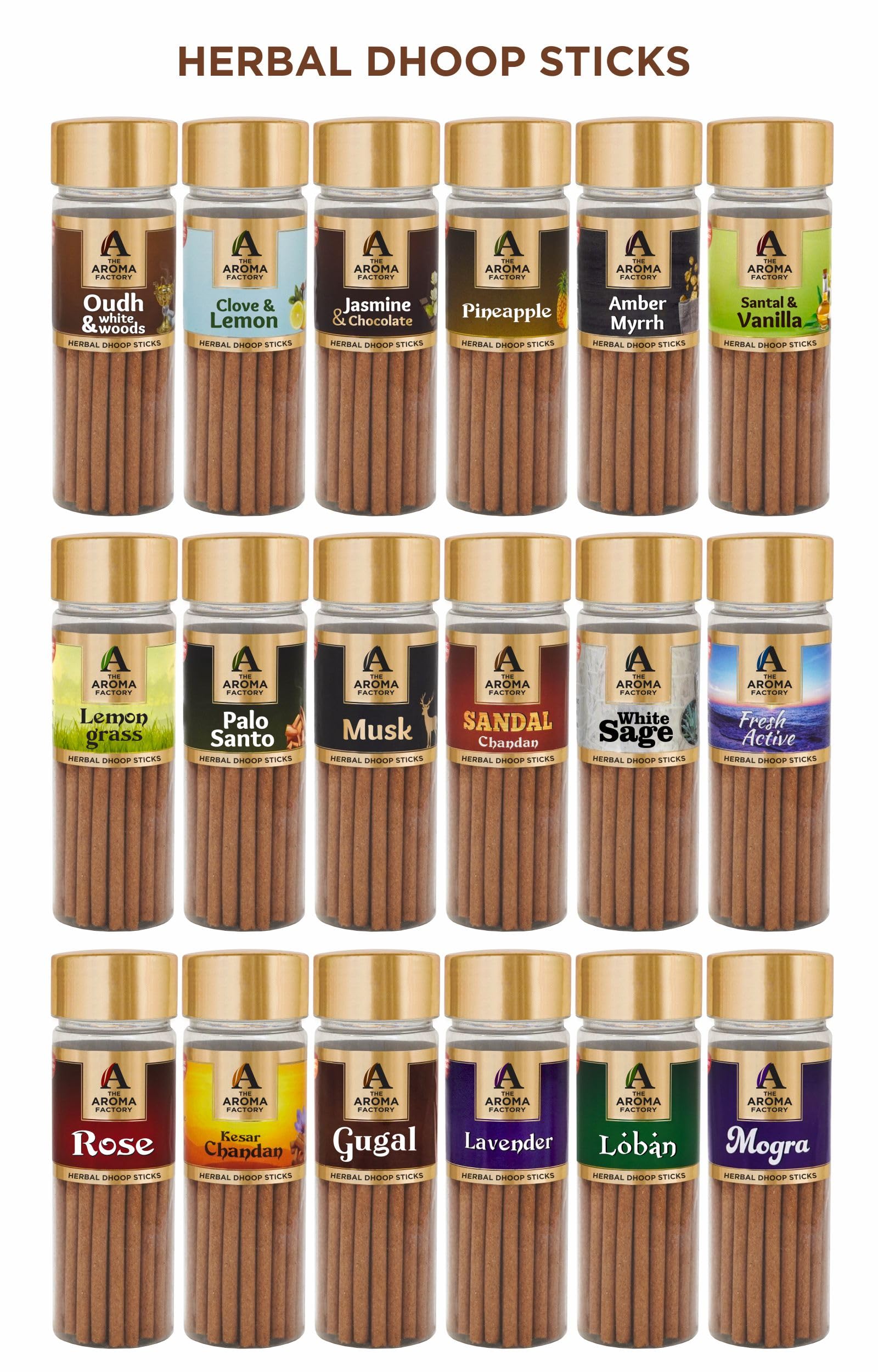 The Aroma Factory Dhoop batti - Varillas de bambú con soporte para incienso, 5 botellas de 75 g, con bolsa de yute (bienestar)