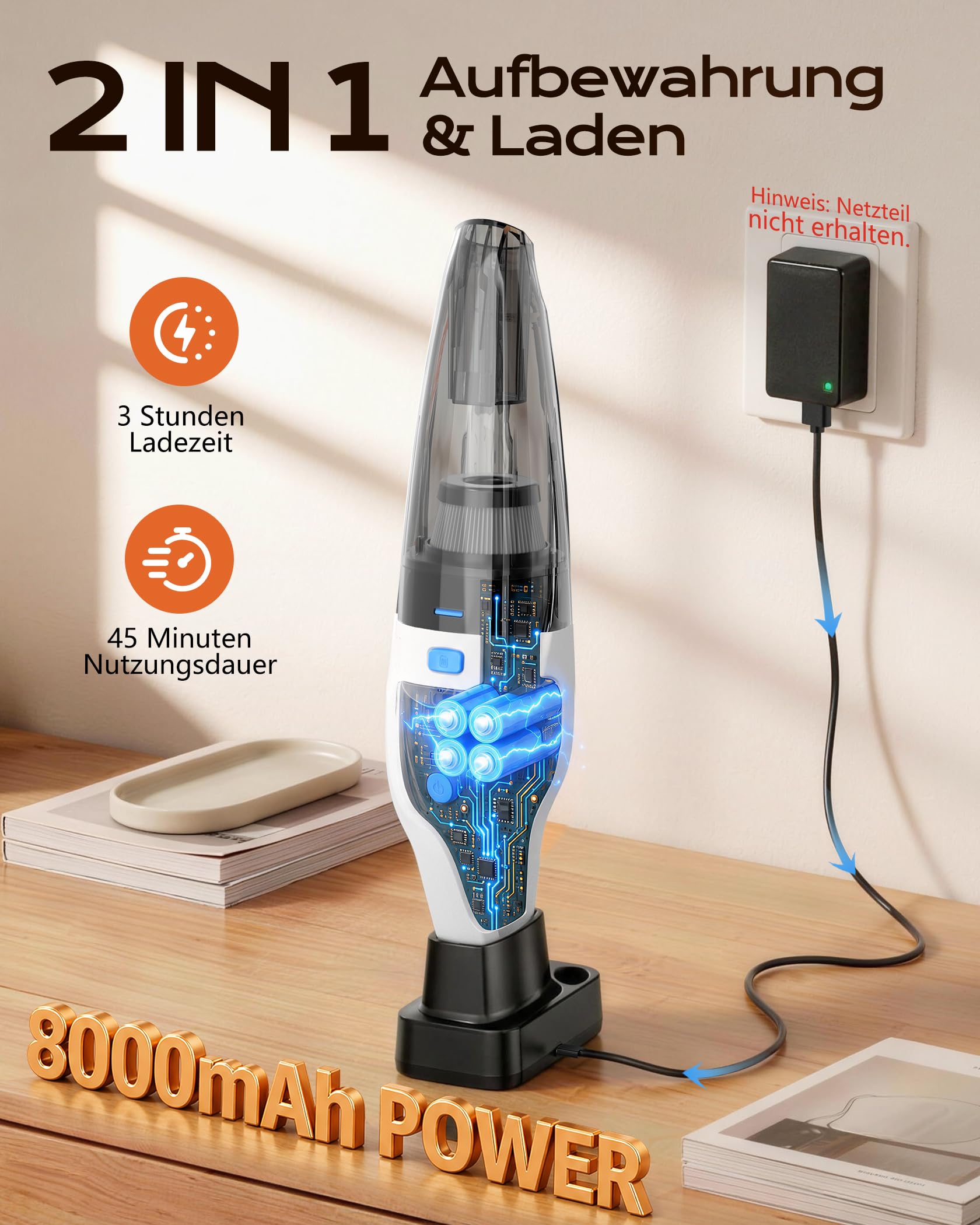Topipop Handstaubsauger, 25000Pa Handstaubsauger Akku mit Ladestation, waschbarem HEPA Filter & 45 Min. Nutzungsdauer, inkl. LED Licht, Handsauger mit 3 Köpfe für Küche, Büro, Auto, Tierhaare (Weiß)