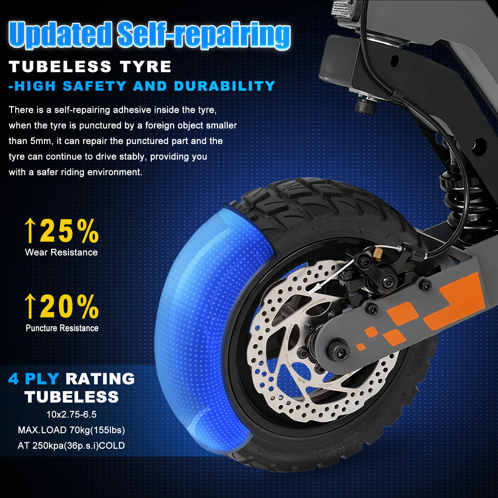 10 x 2,75 – 6,5 Tubeless, pneumatici autoriparanti da fuoristrada, con valvola, 10 pollici, pneumatici di ricambio per e-scooter, resistenti all'usura e durevoli, antiscivolo e antiperforazione