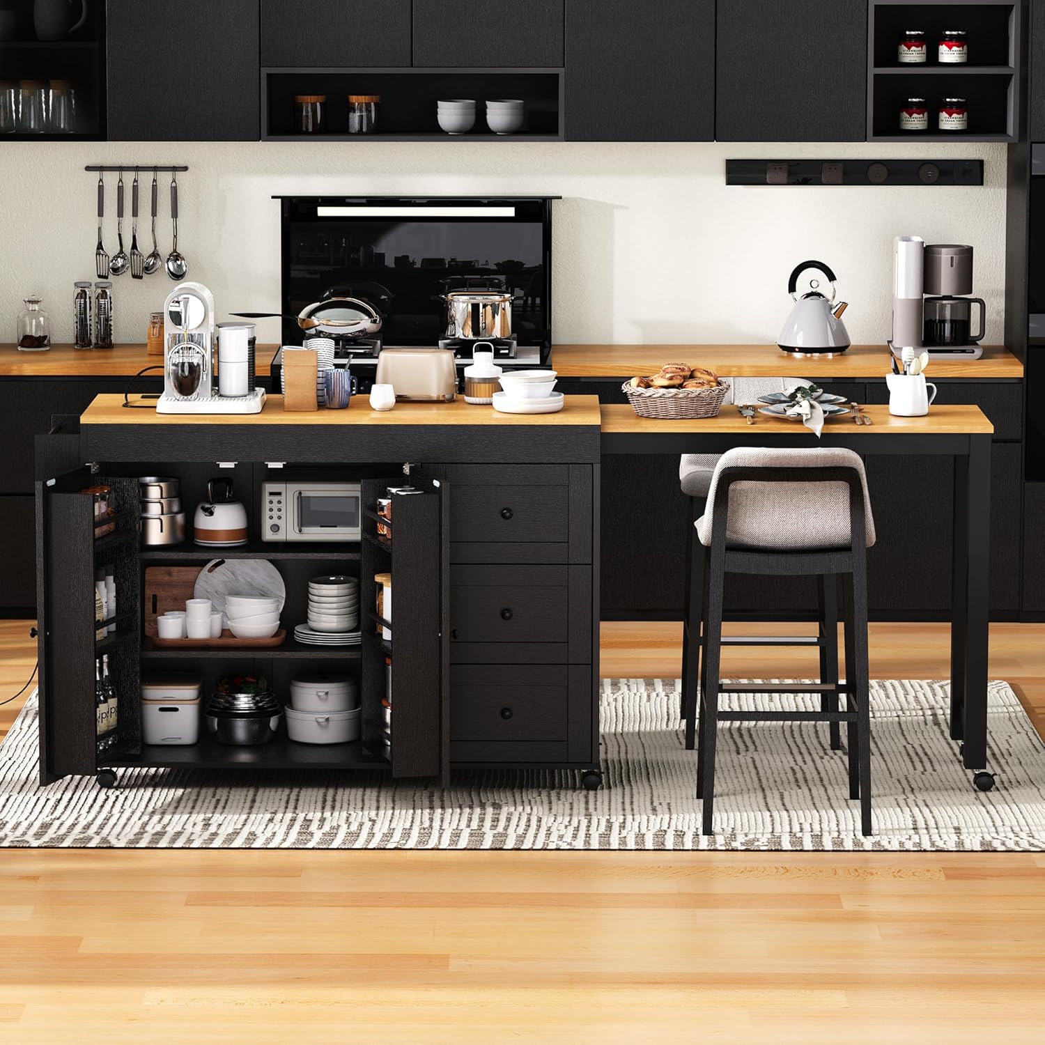 74.8" Kitchen Island with Extendable Dining Table, Farmhouse Kitchen Storage Cart with 3 Drawers, Power Outlet, Rolling Kitchen Island on Wheels with Spice Rack and 2 Door Cabinet, Black