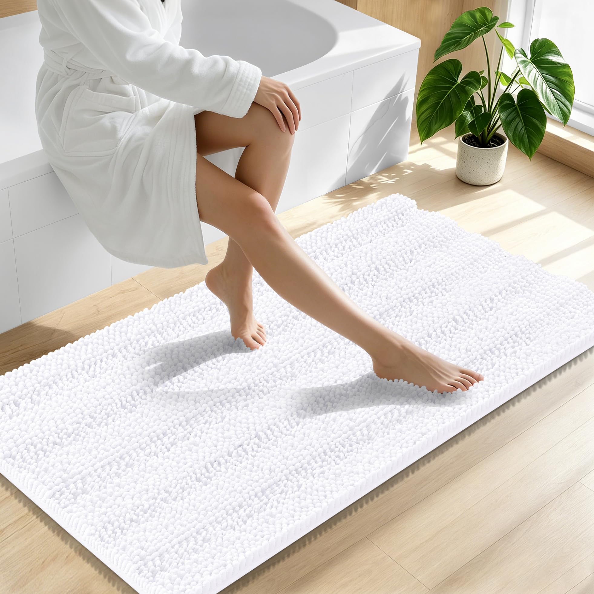 Smiry Thick Chenille Bathroom Runner Rugs 47x24, Absorbent Bath Mat, White
