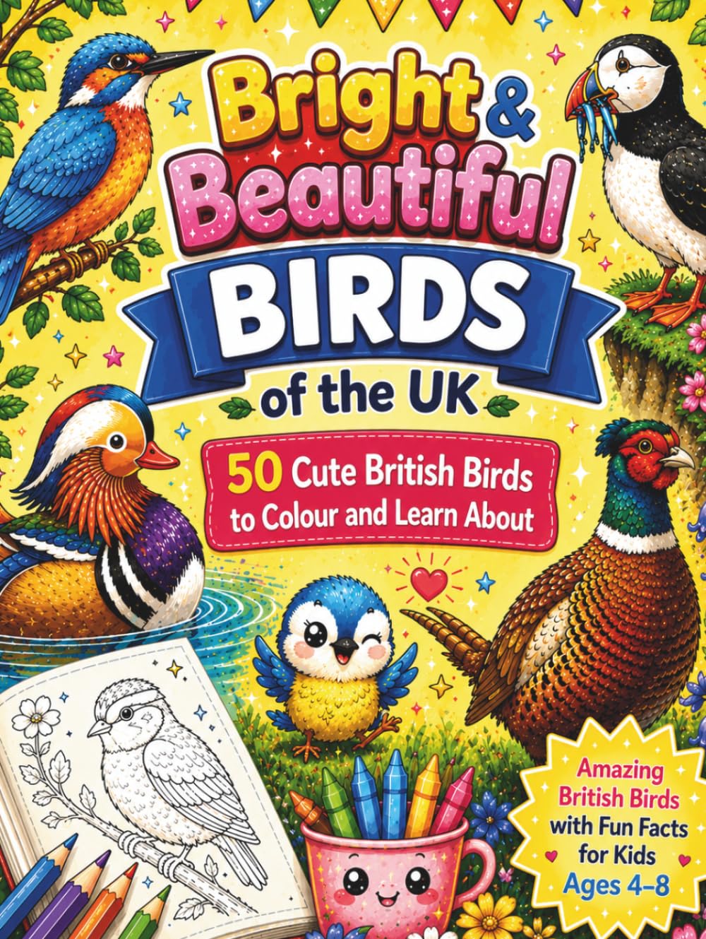 Bright & Beautiful Birds of the UK: 50 Cute British Birds to Colour and Learn About | Fun Facts & Easy Coloring Pages for Kids Ages 4–8