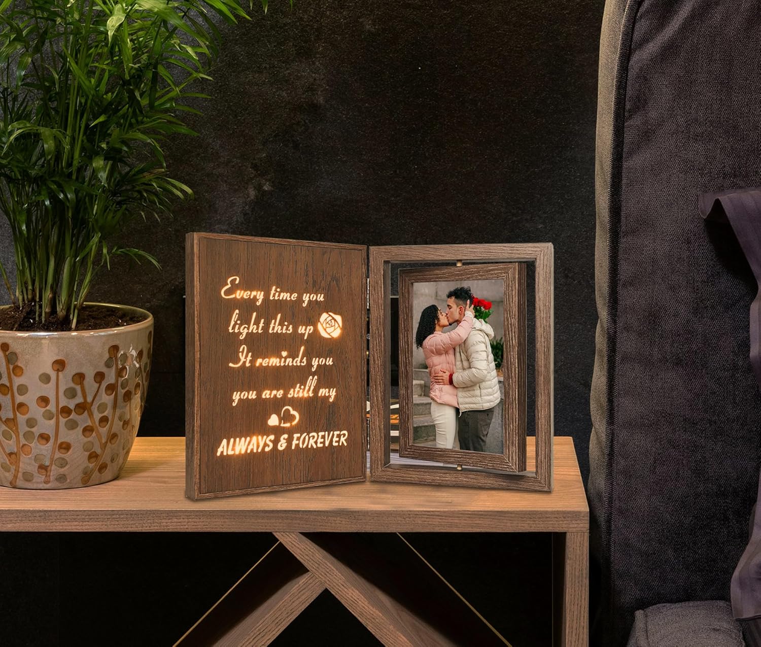 Light Up Couple Picture Frame – Wooden Rotating Glowing Love Photo Frame, Holds 2 4x6 Photos, Anniversary Wedding Gifts for Wife, Husband & Couples - Image 6