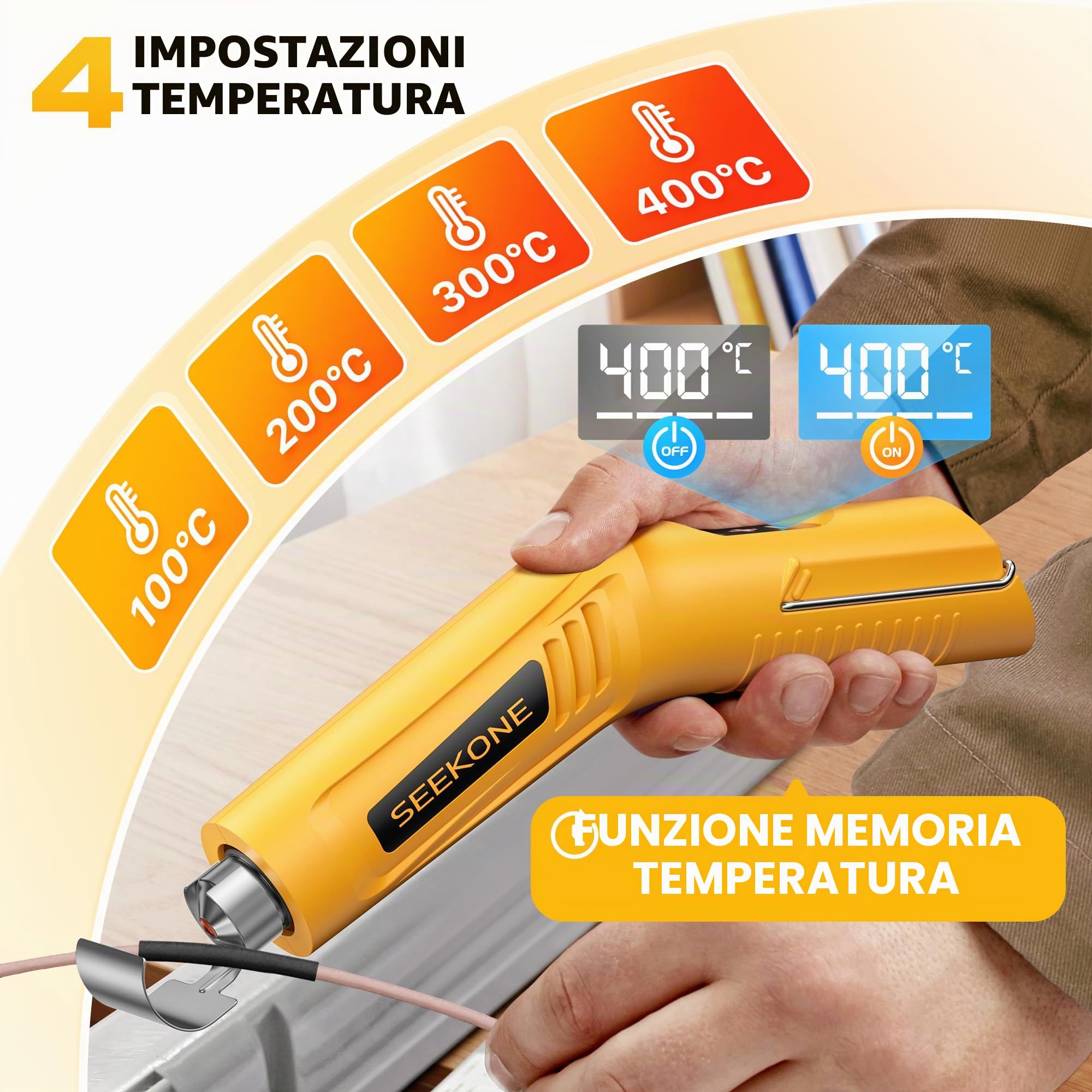 SEEKONE Mini Pistola ad Aria Calda Senza Fili, 4 Temperatura (Max 400 °C) con Funzione di Memoria, Pistola Termica a Batteria al Litio da 3,6 V, Ricarica USB, con Ugello Riflettore, per Artigianato