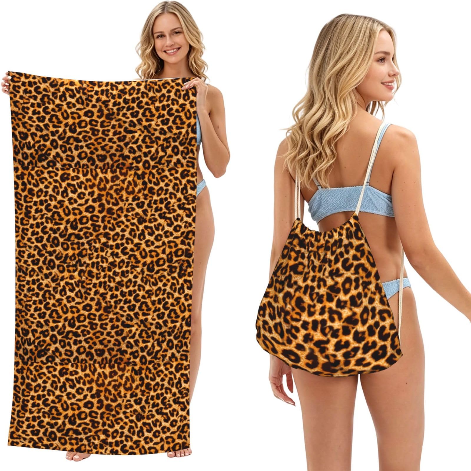 Poadnly As Picture Leopard Print, 2 In 1 Packable Towel Bag, Beach Towels With Drawstring Backpack For Travel Holiday Camping