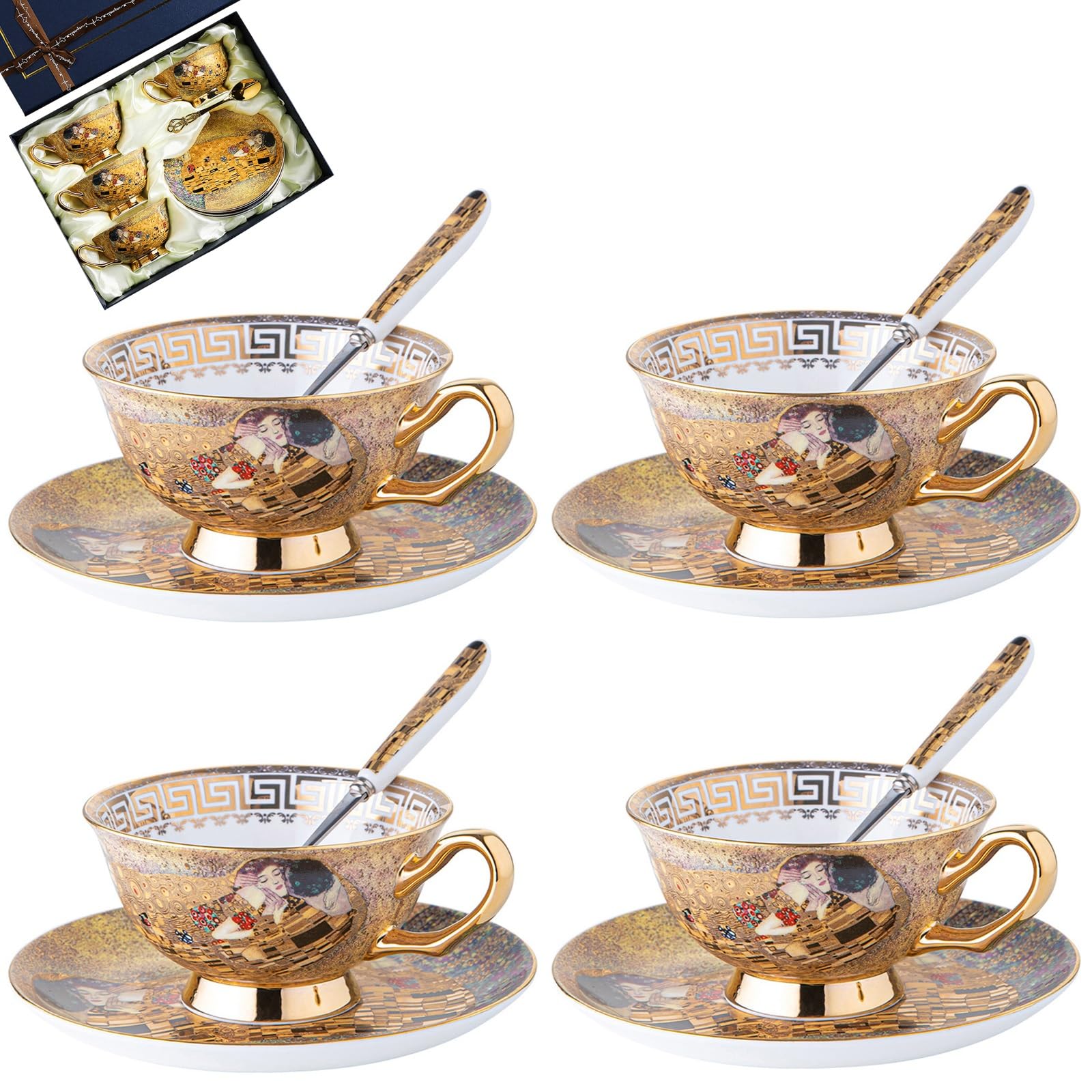 Europejski zestaw 6 filiżanek do kawy z porcelany kostnej, retro filiżanki do kawy ze spodkiem i łyżeczką do kawy, do biura, domu, popołudniowej herbaty (X-4)