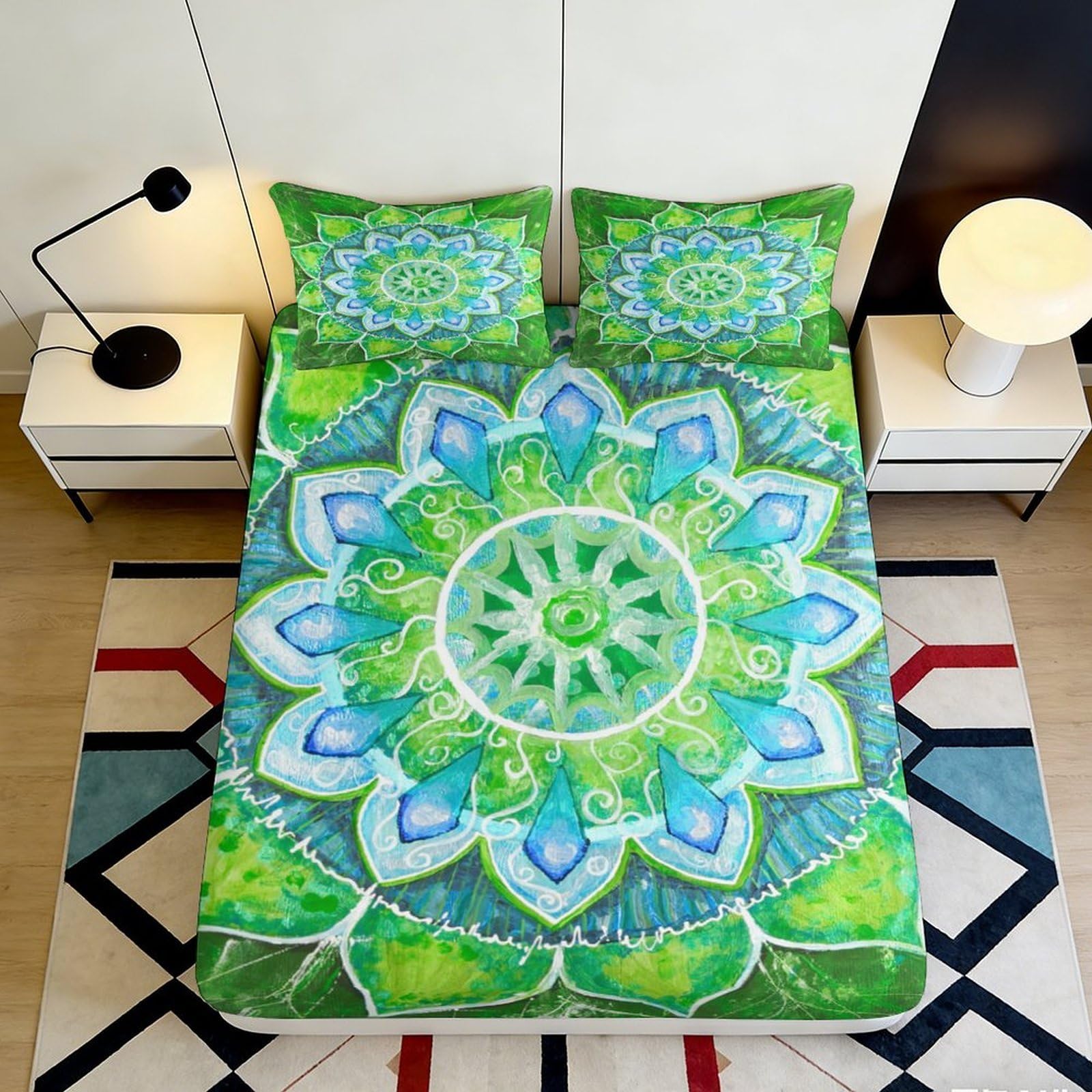 Pnayamiorkfel Style-1 3D Printed Green Mandala Fitted Sheet Microfiber Soft Bed Cover Blue Lotus Mattress Cover For Bedroom Guest Room Decor 90X200x25cm