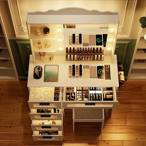 Miniatura 7 de HWB Escritorio de maquillaje con espejo y luces, mesa de tocador con 5 cajones y 2 estantes, juego de tocador para dormitorio, tocador con 10