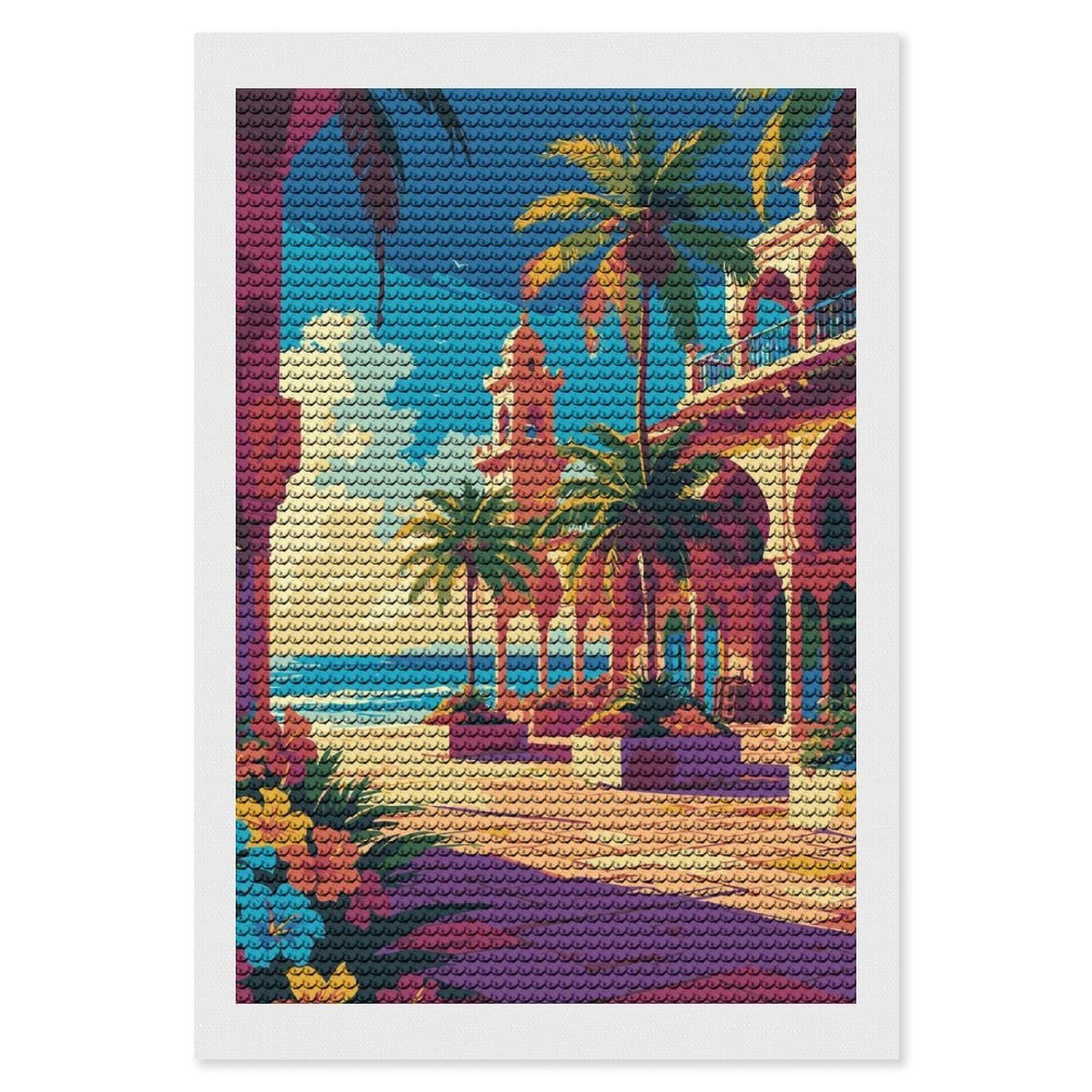 Junmoney Tropical Beach Resort Illustration Diamond Art Kit 8"x12", Neat Printed Canvas, Finish and Display, Relaxing DIY Hobby, Living Room Decor