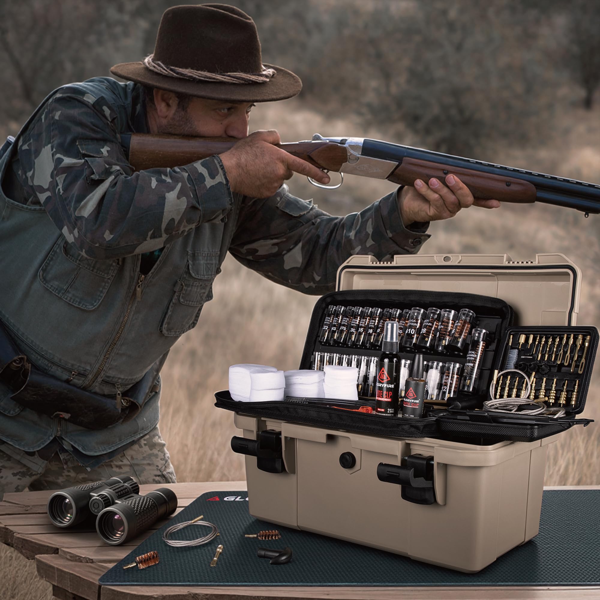 GLORYFIRE Adjustable Stand Deluxe Universal Gun Cleaning Kit - Highly Effective Cleaning Solutions for Hunting and Shooting - Portable/Compact - Brown