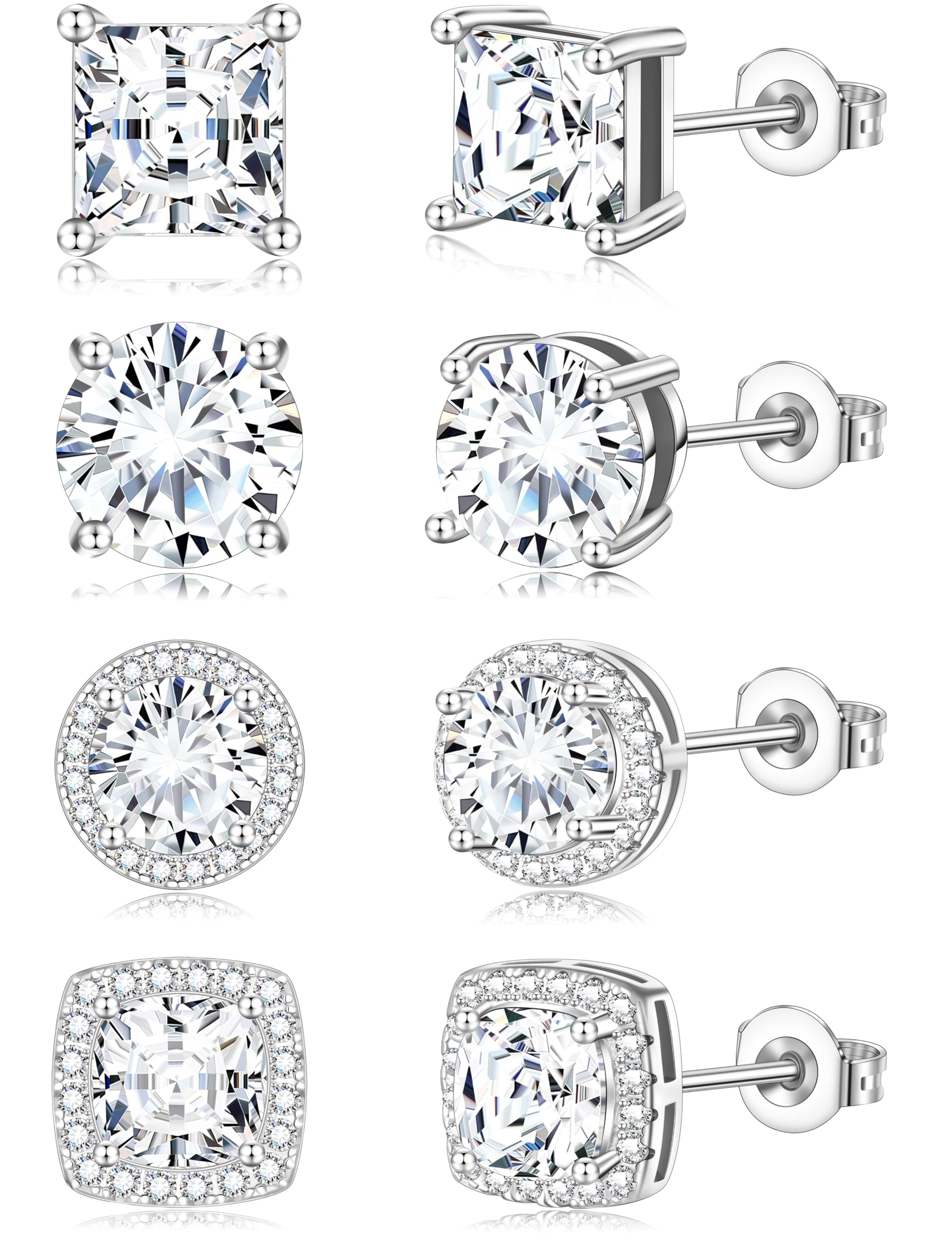 LYLYMIMI Cubic Zirconia Stud Earrings for Women Mens Earrings Hypoallergenic Sterling Silver Post Square CZ Studs Set Silver