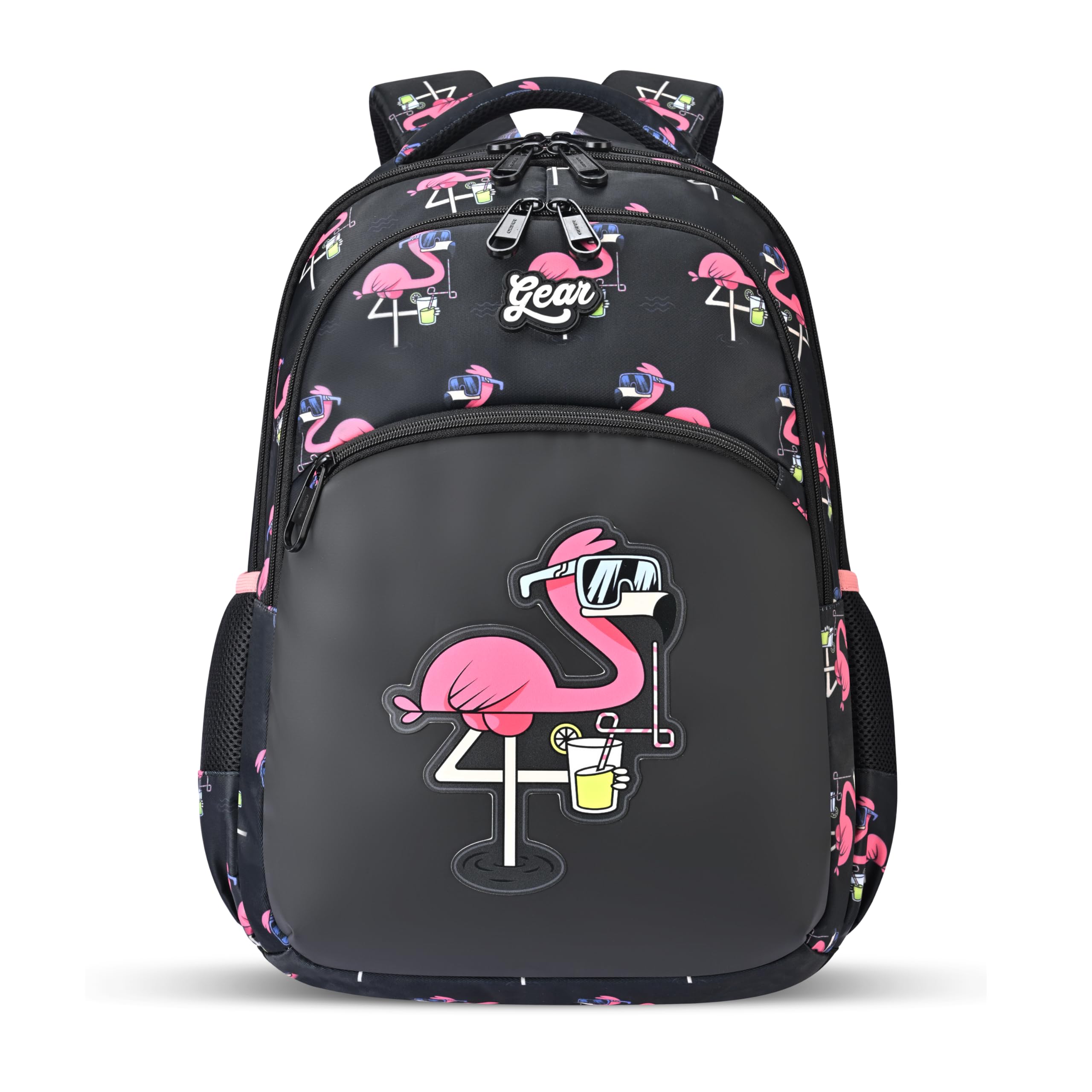 Gear Flamingo 15"/21L Medium Water Resistant School Bag | Casual Backpack | Daypack | Travel Backpack | Kids Bag for Boys/Girls (Black - Pink)