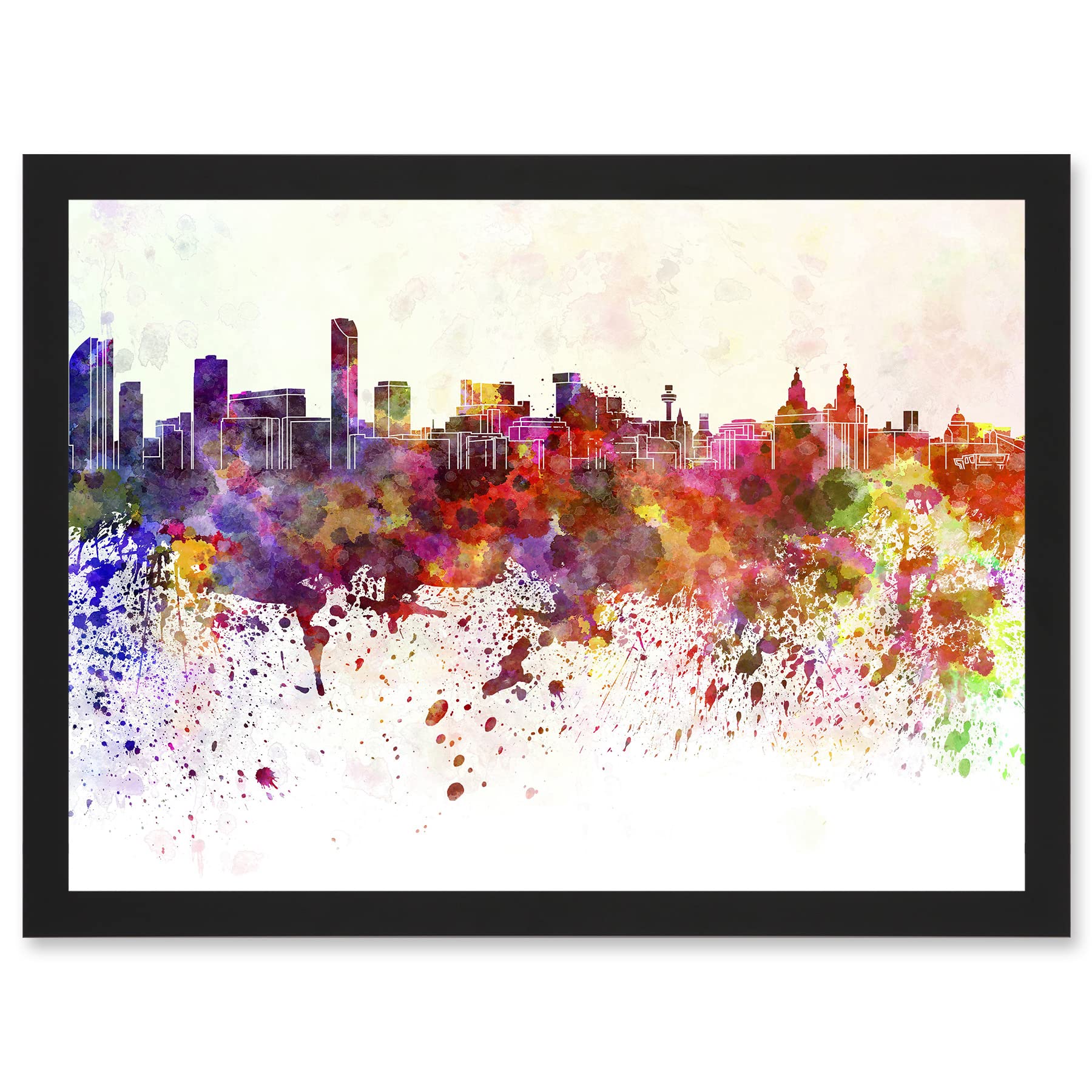 Artery8 Painting Cityscape Liverpool Skyline Paint Splash A4 Artwork Framed Wall Art Print
