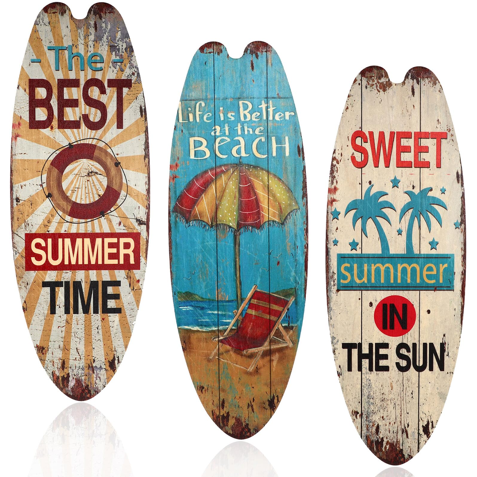 iplusmile Placas Decorativas de Pared de Madera Temática Oceánica, 3 Unidades de Tablas de Surf Vintage para Decoración de Hogar y Pared de Estilo Playero, Carteles Colgantes