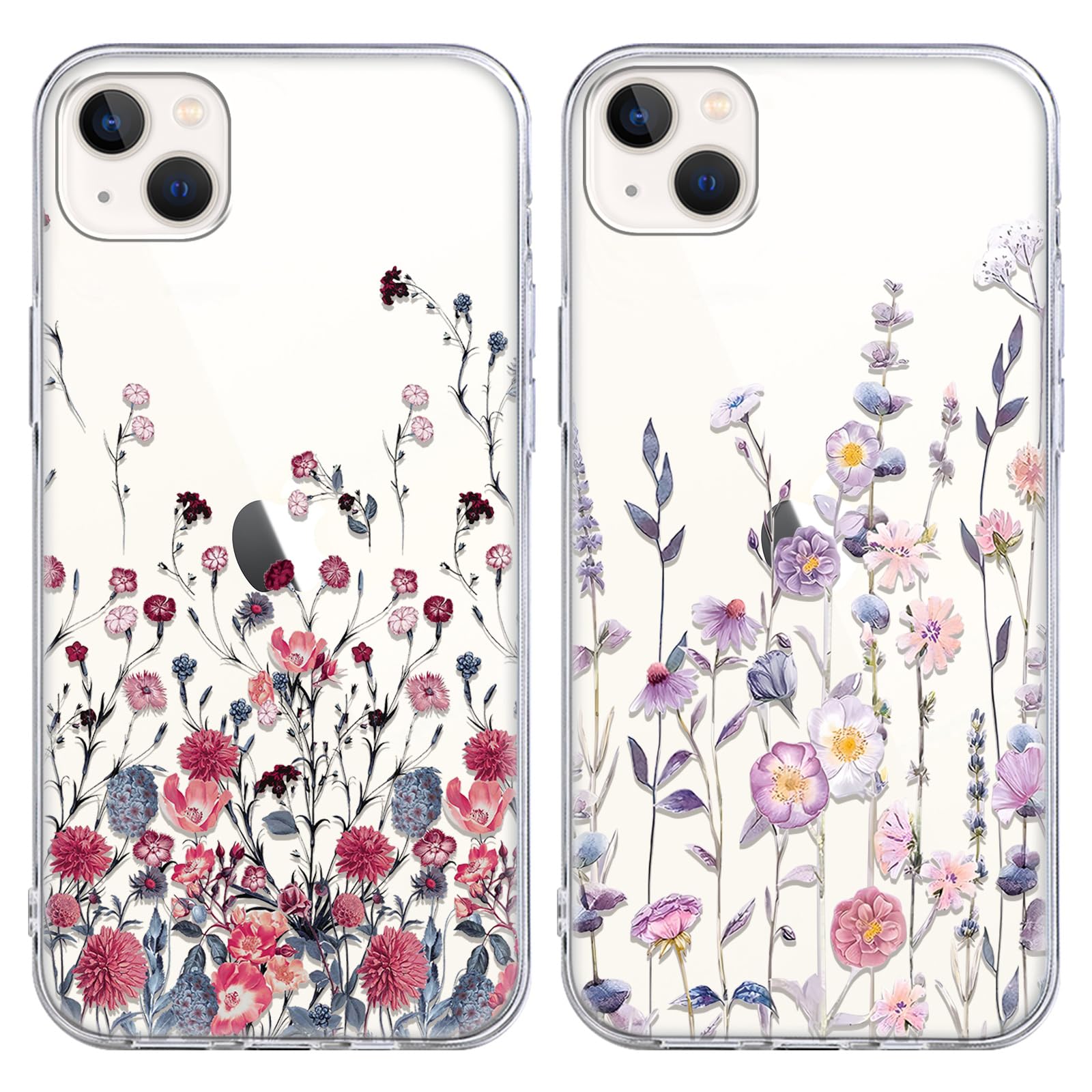 Yoedge 2 Pack Transparent Phone Case for iPhone 14/iPhone 13 6.1", Soft TPU Silicone with Clear Flowers Aesthetics Pattern, Shockproof Bumper Protector Matte Cover for iPhone 14,Floral Girls