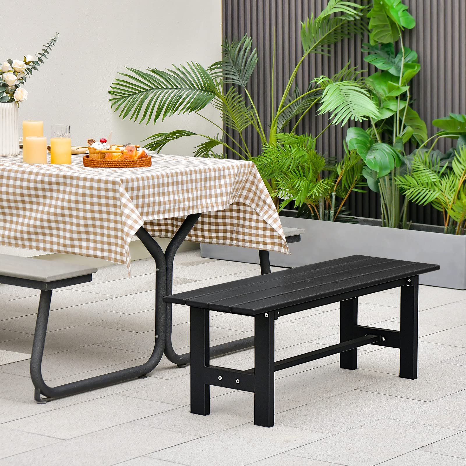 COSTWAY Panchina da Esterno con Sedile HDPE, Panca da Giardino con Telaio in Metallo Verniciato a Polvere, Panchina da Giardino, Parco e Balcone, Portata 300 kg, 120 x 36 x 40,5 cm (Black)