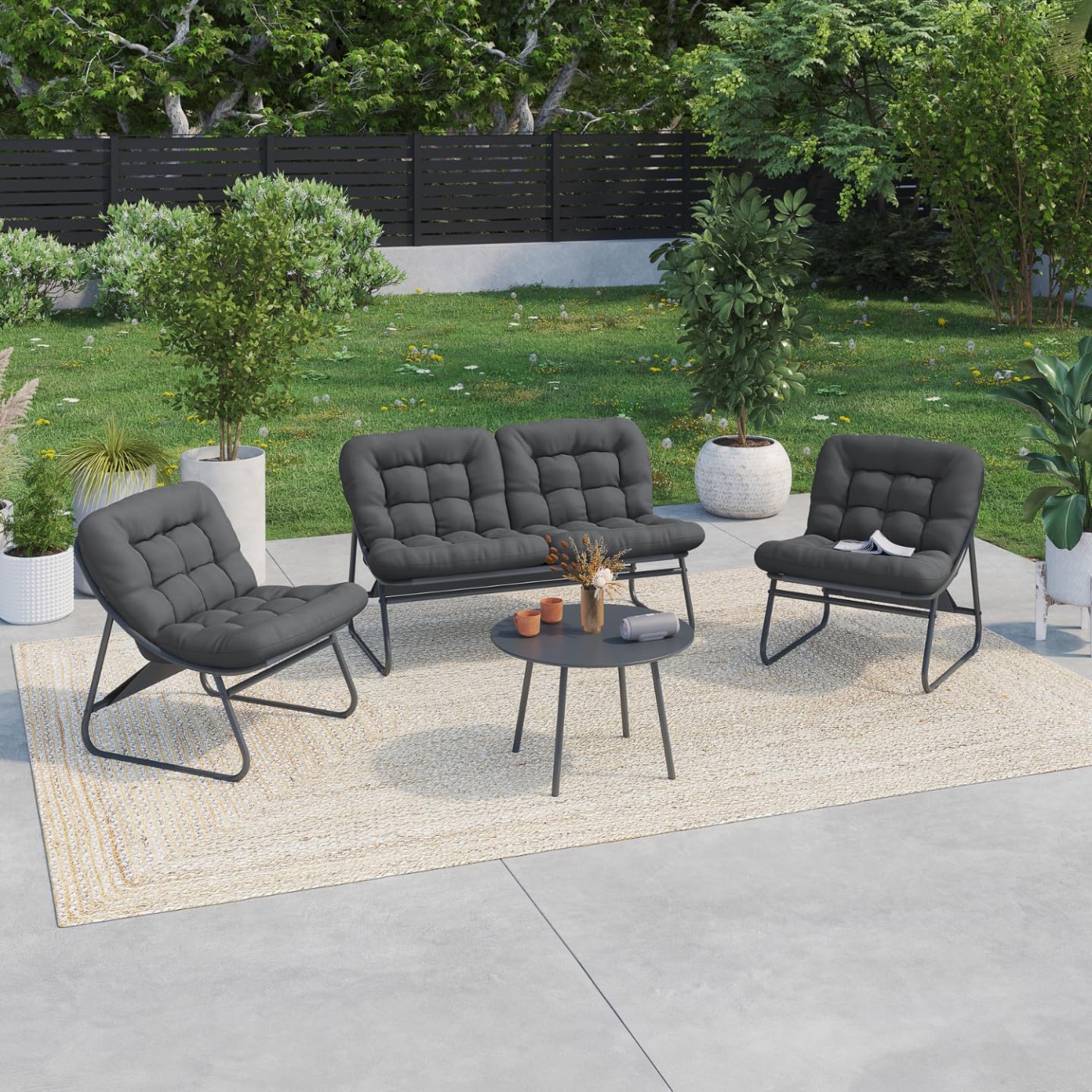 IDMarket - Muebles de jardín Arona bajo 4 plazas en metal gris antracita y cojines grises con sofá, sillón y mesa