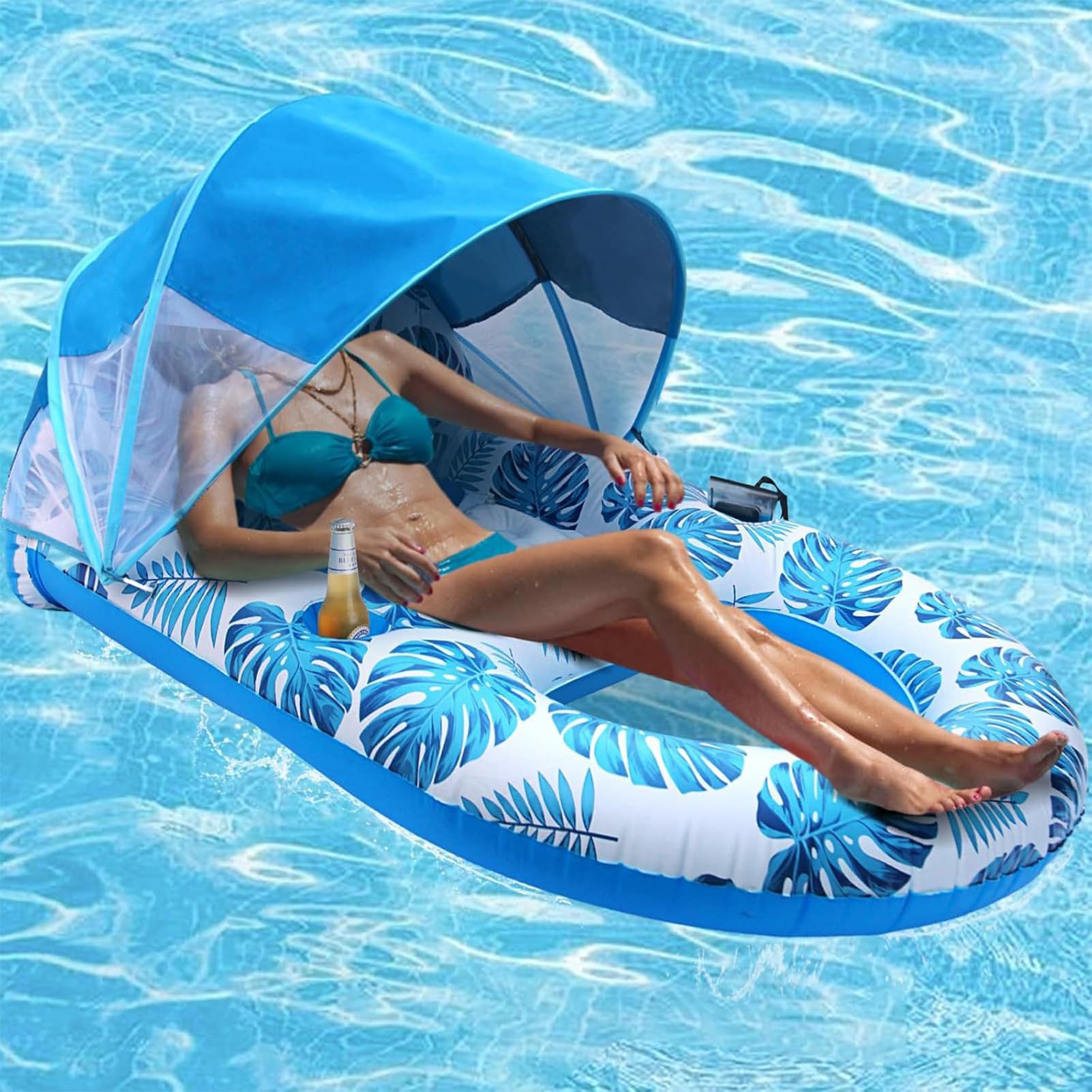 Flotador de Piscina con Toldo, Colchoneta Piscina Adultos con portavasos y Respaldo, Hamaca Flotante para Fiestas de Verano en la Piscina o la Playa,Azul