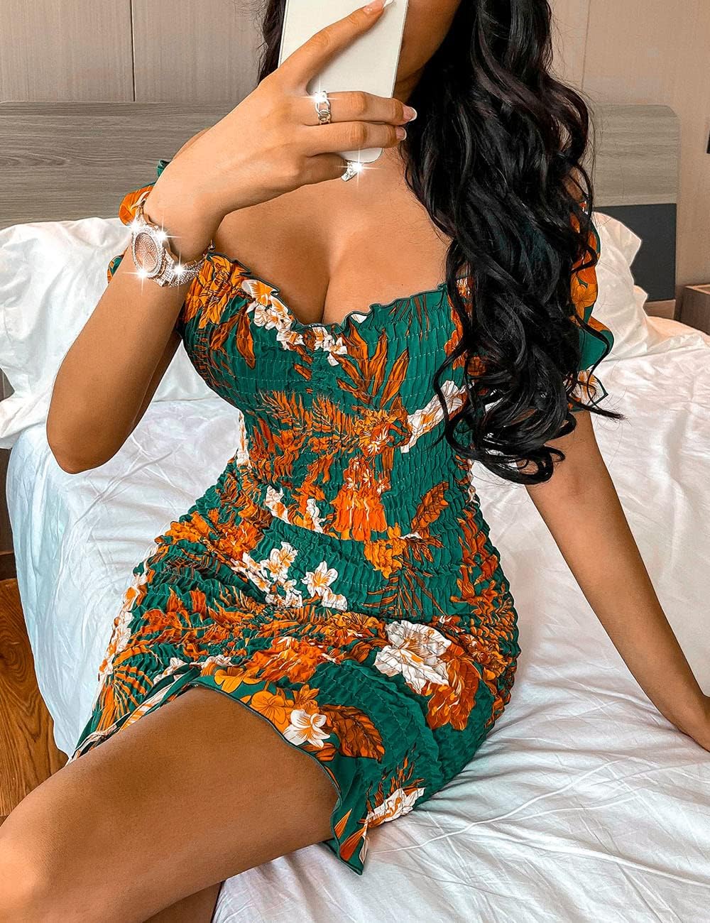 PRETTYGARDEN Women's Summer Off Shoulder Bodycon Dresses Short Sleeve Drawstring Sexy Mini Party Club Smocked Dress - (color: Dark Green, size: Large)