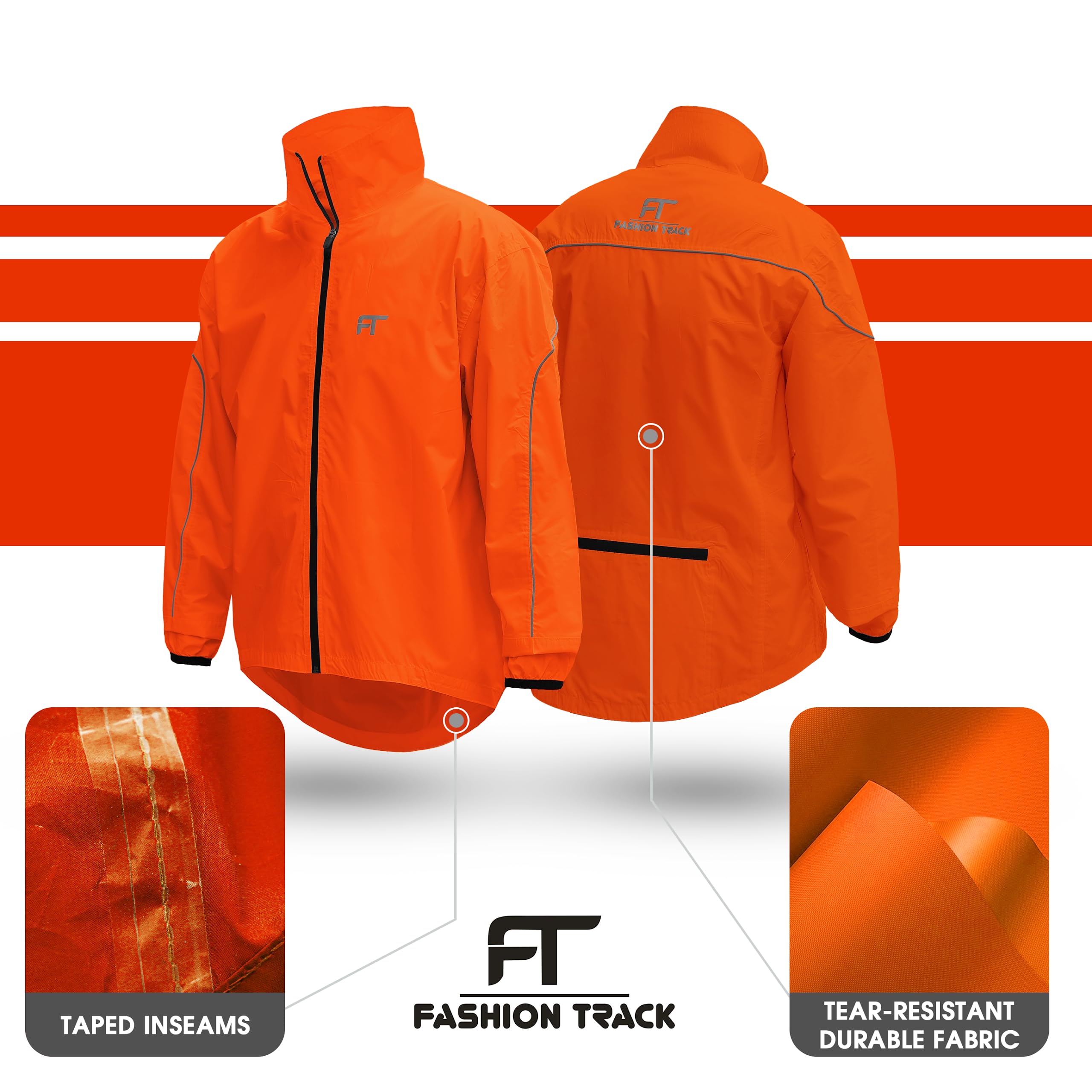 FT Fashion Track Veste de pluie imperméable pour homme, haute visibilité, légère, coupe-vent et réfléchissante avec poche arrière