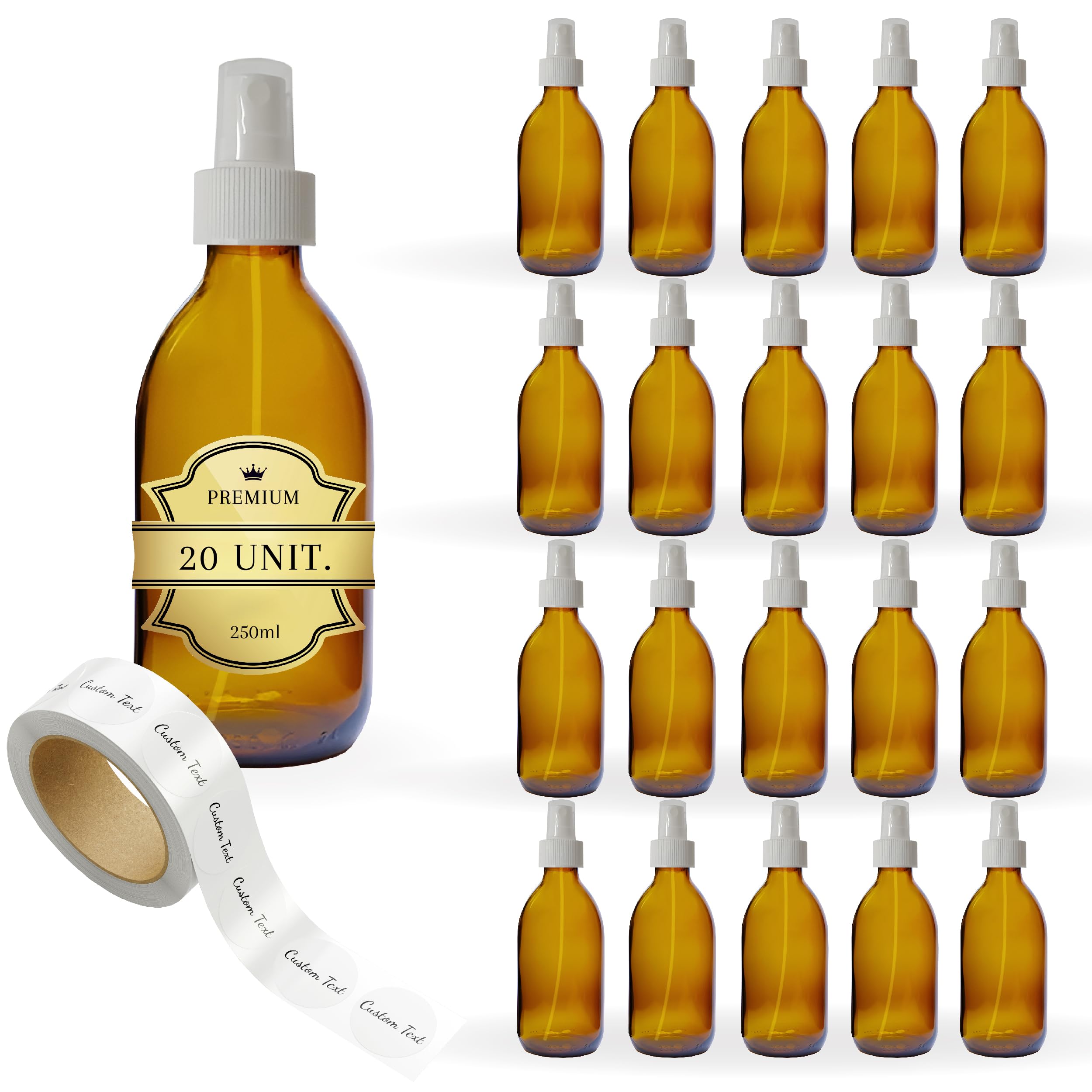 20 x Sprühflasche aus Glas, bernsteinfarben, 250 ml, mit Deckel für Zerstäuber + 20 personalisierte Etiketten – ätherische Öle, Kosmetik, Parfüm, Haarspray – Hautpflege und Haarpflege