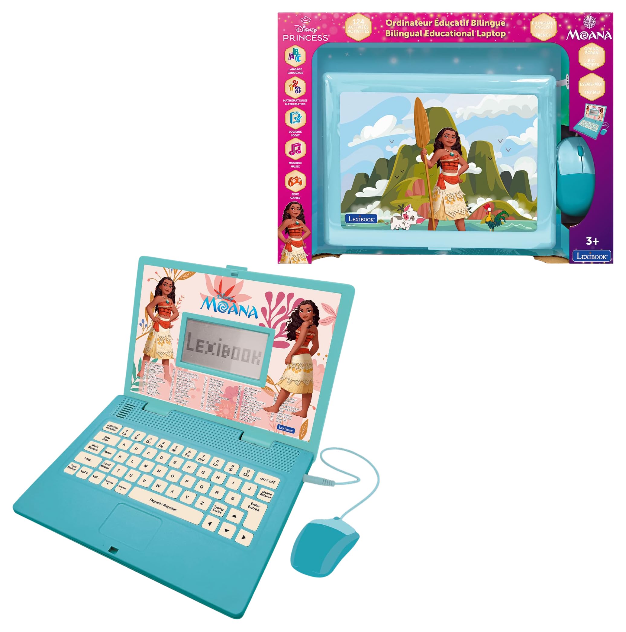 LEXIBOOK, Disney Princess, Moana bilingual ENGLISH/FRENCH educational computer, Toy for children with 124 language, writing