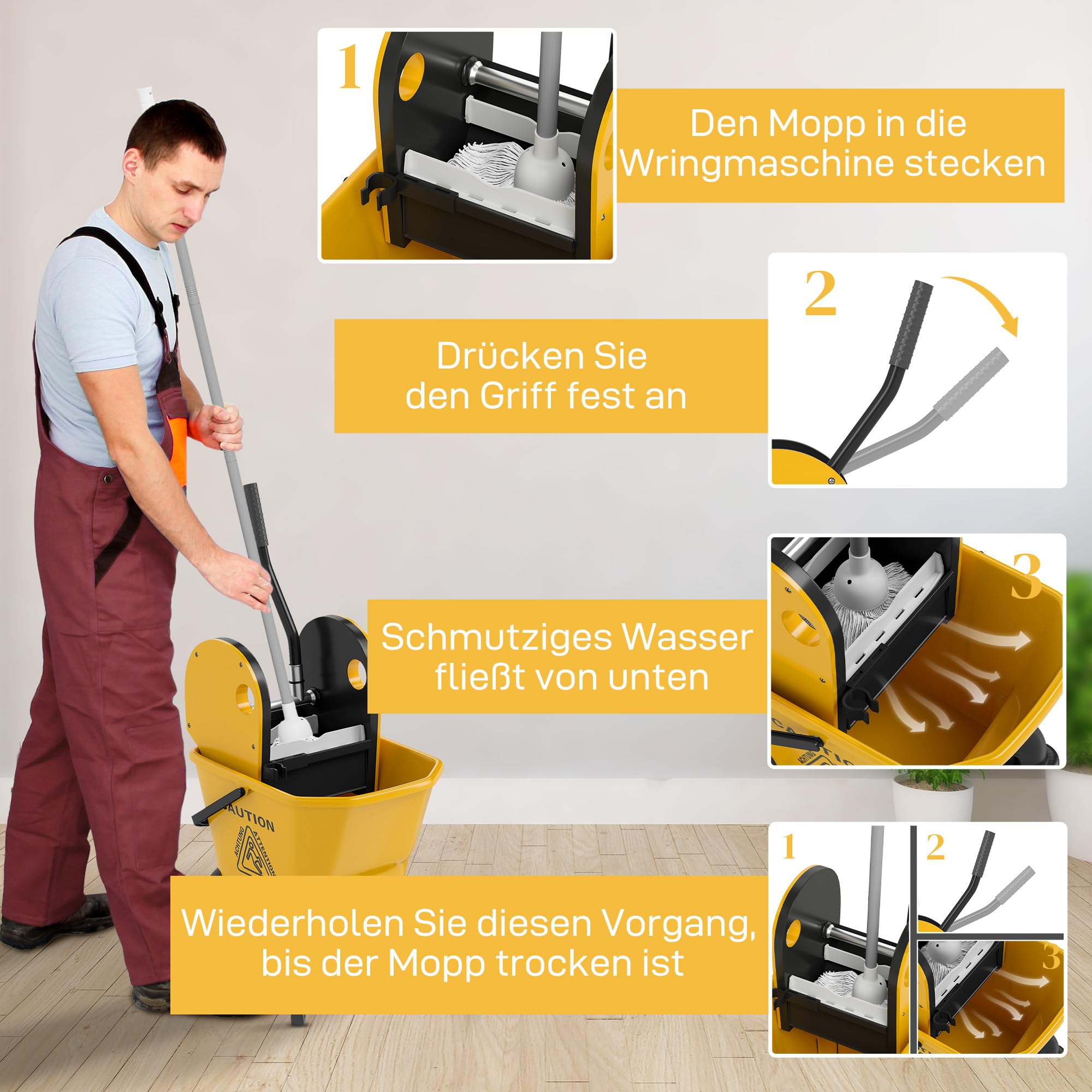 HOMCOM Carrello di pulizia 26 l, secchio con pressa e mocio per uso domestico e commerciale