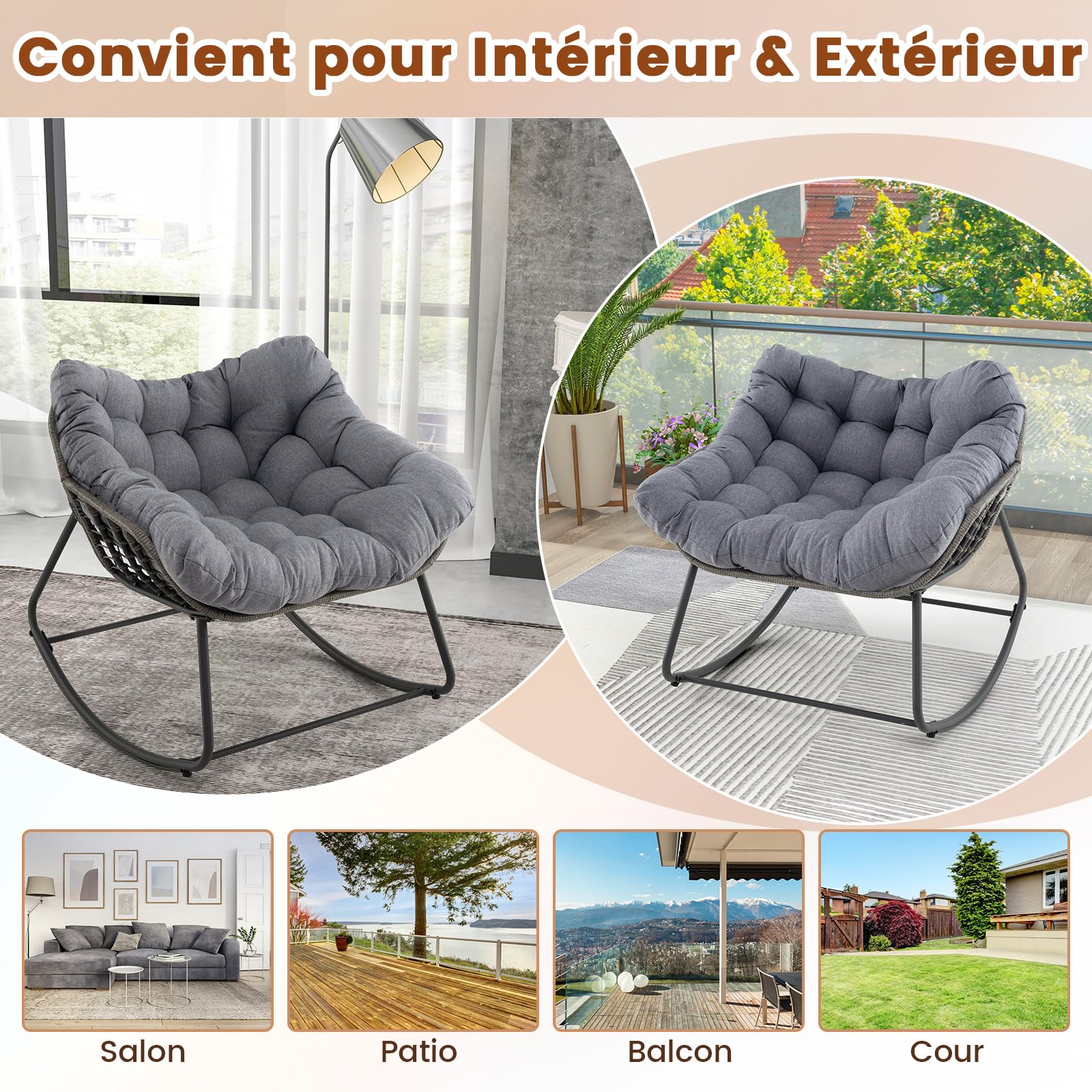 COSTWAY Fauteuil a Bascule Exterieur Interieur, Rocking Chair en Rotin PE, Coussin Épais Amovible, Bande Antidérapante, Fauteuil Œuf pour Balcon Porche Salon, Charge 150 kg, 98 × 98 × 87 cm (Gris)