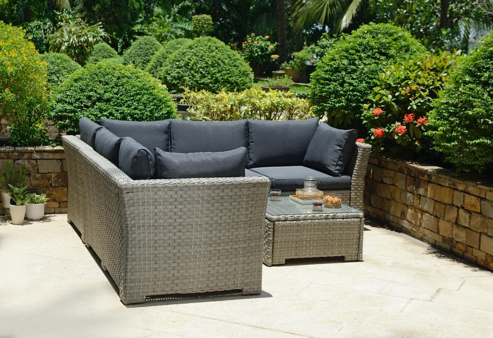 Chesterton Luxury Juego de 5 plazas de ratán para jardín con cojines, color negro, 230 x 146 x 67 cm