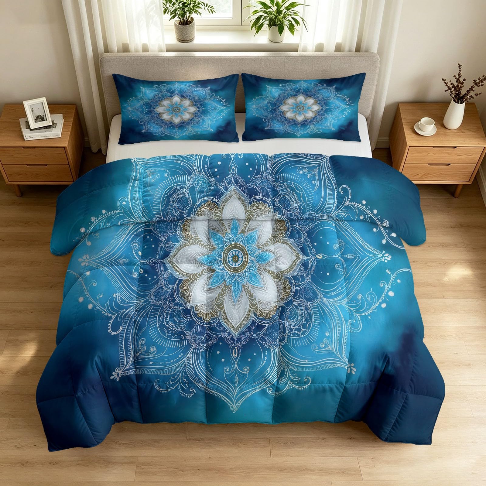 Modern Mysteriös Bettdecken 135x200cm 4 Jahreszeiten, Waschbar Bügelfrei Bettdecke ohne Bezug - Mandala Geometrie Hautfreundlich und Thermisch Ganzjahresdecke mit 2 Kissenbezug 80x80cm