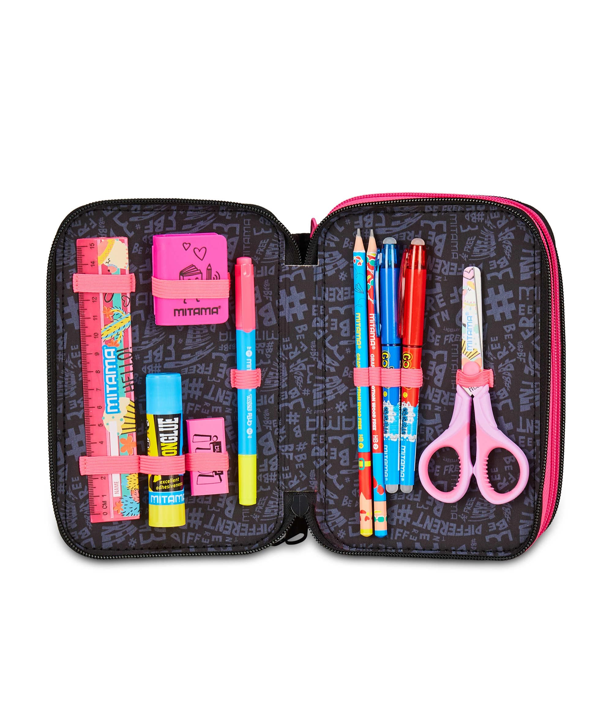 Mitama Estuche Escolar con 3 Compartimentos, Super Triple Music Pop - Contenido 47 Piezas, con lápices, rotuladores, portalápices para Escuela Primaria para niña