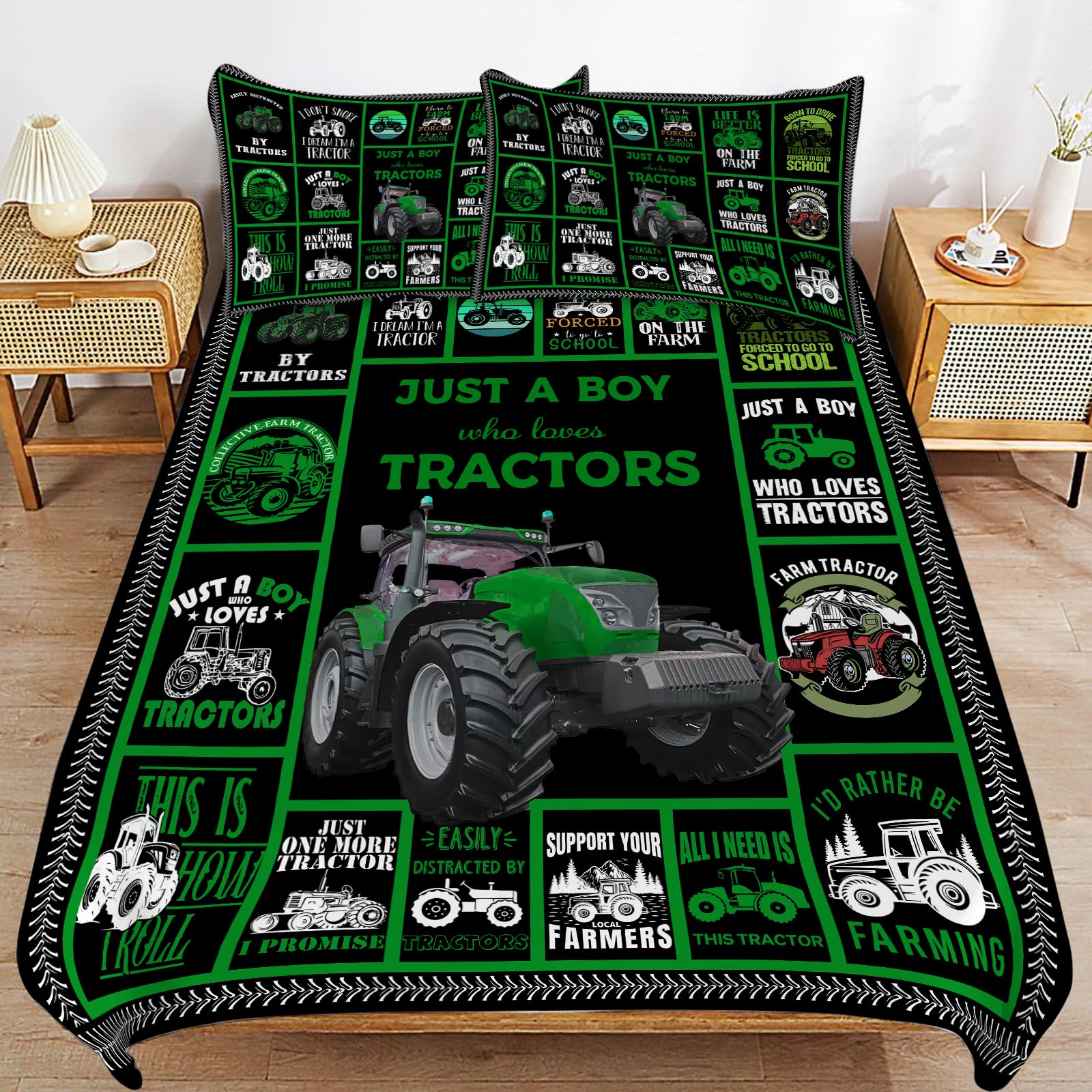 Tractor Bedding Set Just a Boy Who Loves Tractors Theme Comforter Set Covers for Kids Boys Teens Green Tractors Duvet Cover Bedroom Decor Soft Full Size Quilt Cover with 2 Pillowcases